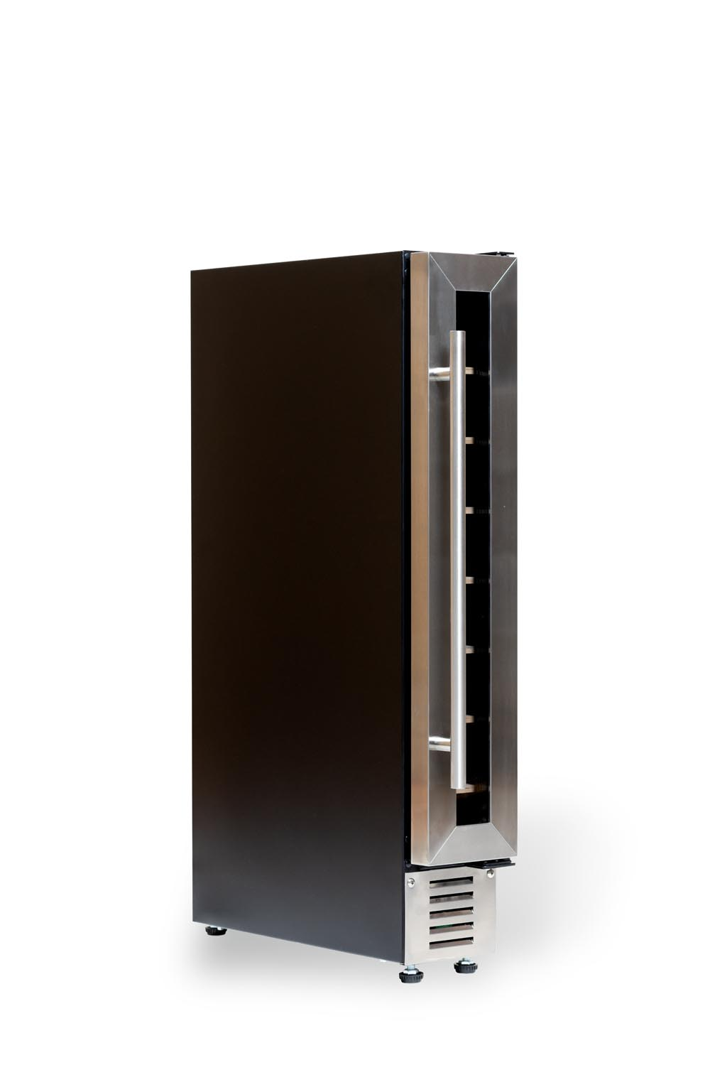 Elegante enfriador de vino negro con asa y lateral de acero inoxidable. Diseño vertical.