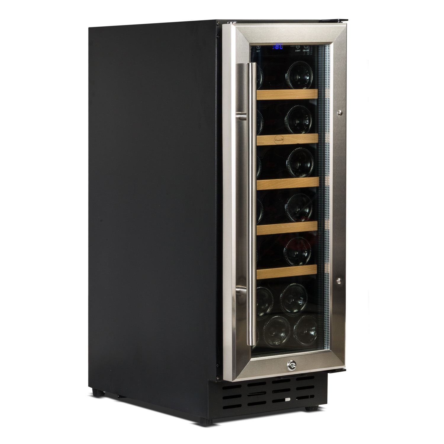 Enfriador de vino negro con puerta de cristal y asa de acero inoxidable.