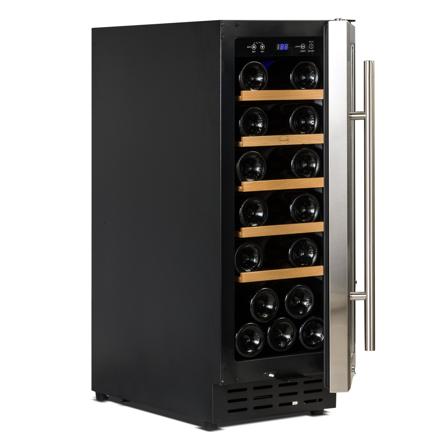 Enfriador de vino con cuerpo negro, puerta de vidrio, mango de acero inoxidable y estantes de madera.