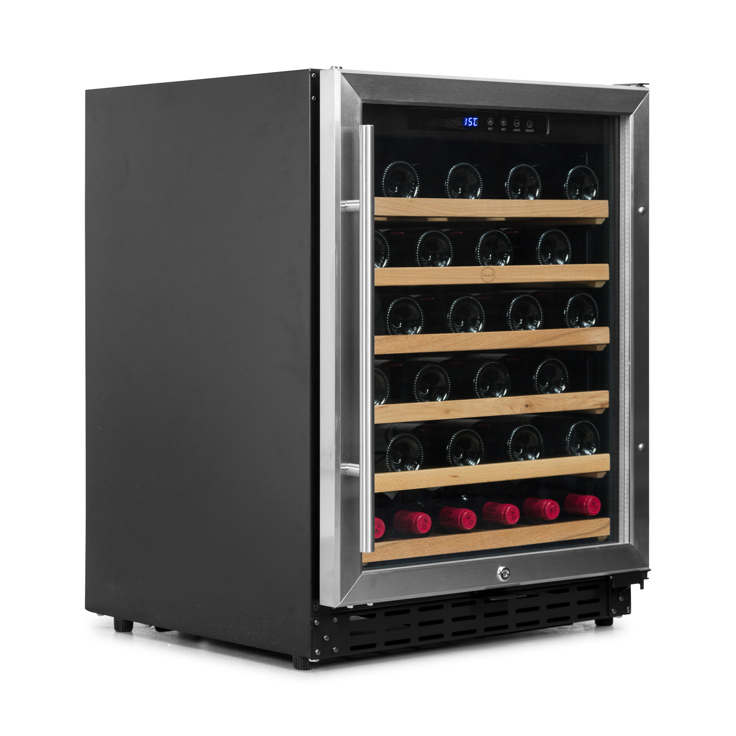 Una vinoteca negra con puerta de cristal, estantes con botellas de vino y pantalla digital. Puerta cerrada.