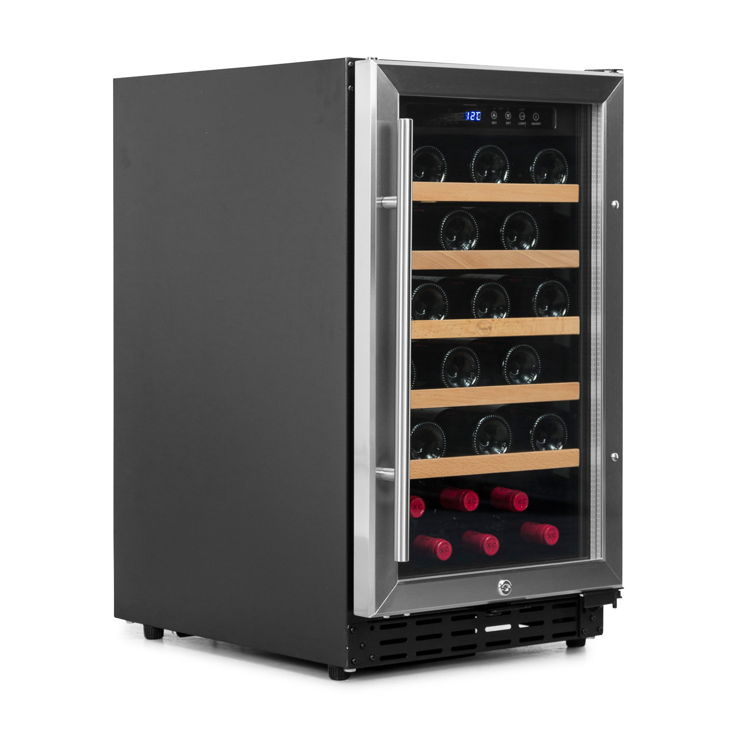 Enfriador de vino con botellas visibles a través del vidrio, puerta de acero inoxidable.