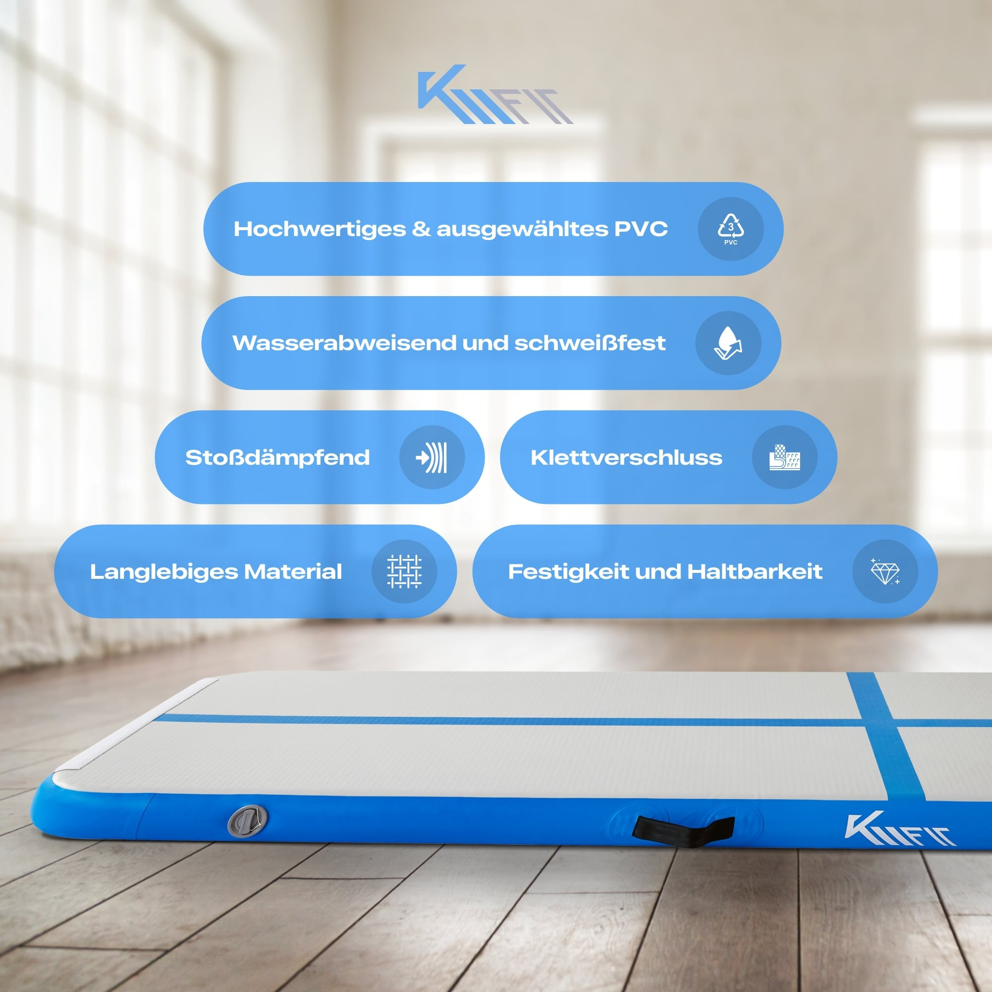 Airtrack-Matte mit Text: Hochwertiges PVC, Wasserabweisend, Stoßdämpfend, Klettverschluss, Langlebiges Material.