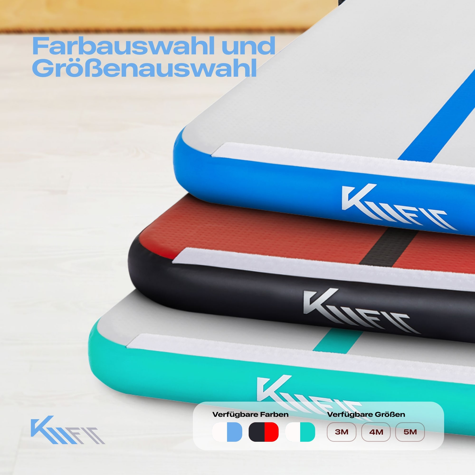 Drei farbige Luftmatten, mit einer weißen, roten und schwarzen Matte, sowie einer Größen- und Farbtabelle.