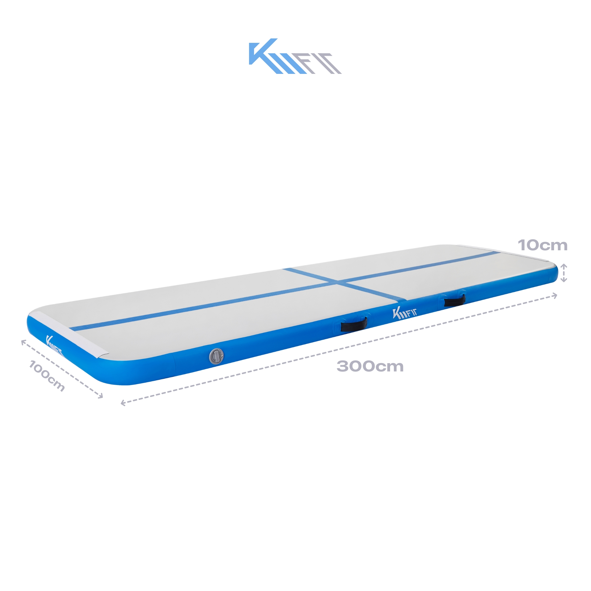 Blau-weiße Airtrack-Matte mit Abmessungen. Text: 100cm x 300cm x 10cm.