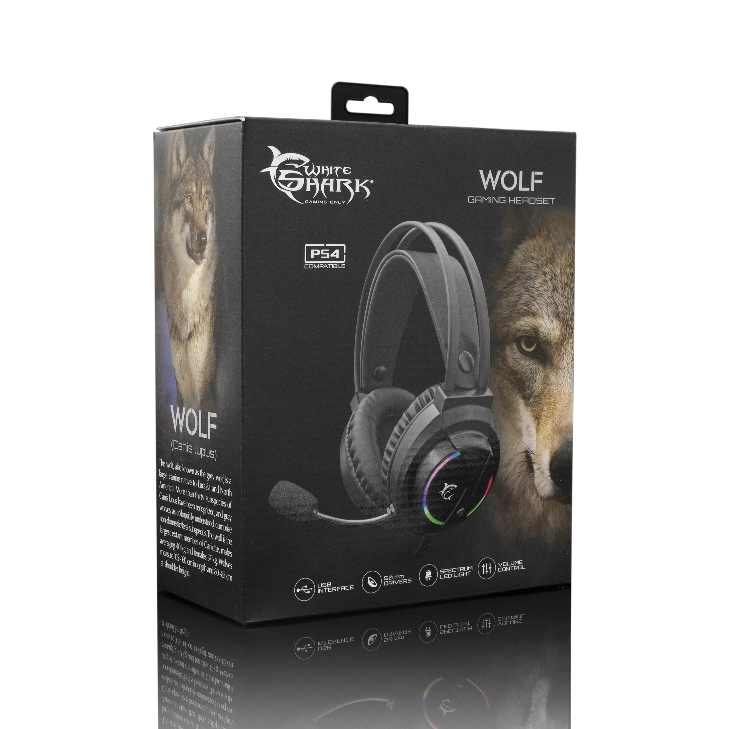 Scatola per cuffie da gioco con immagine di lupo, cuffie nere all'interno.
