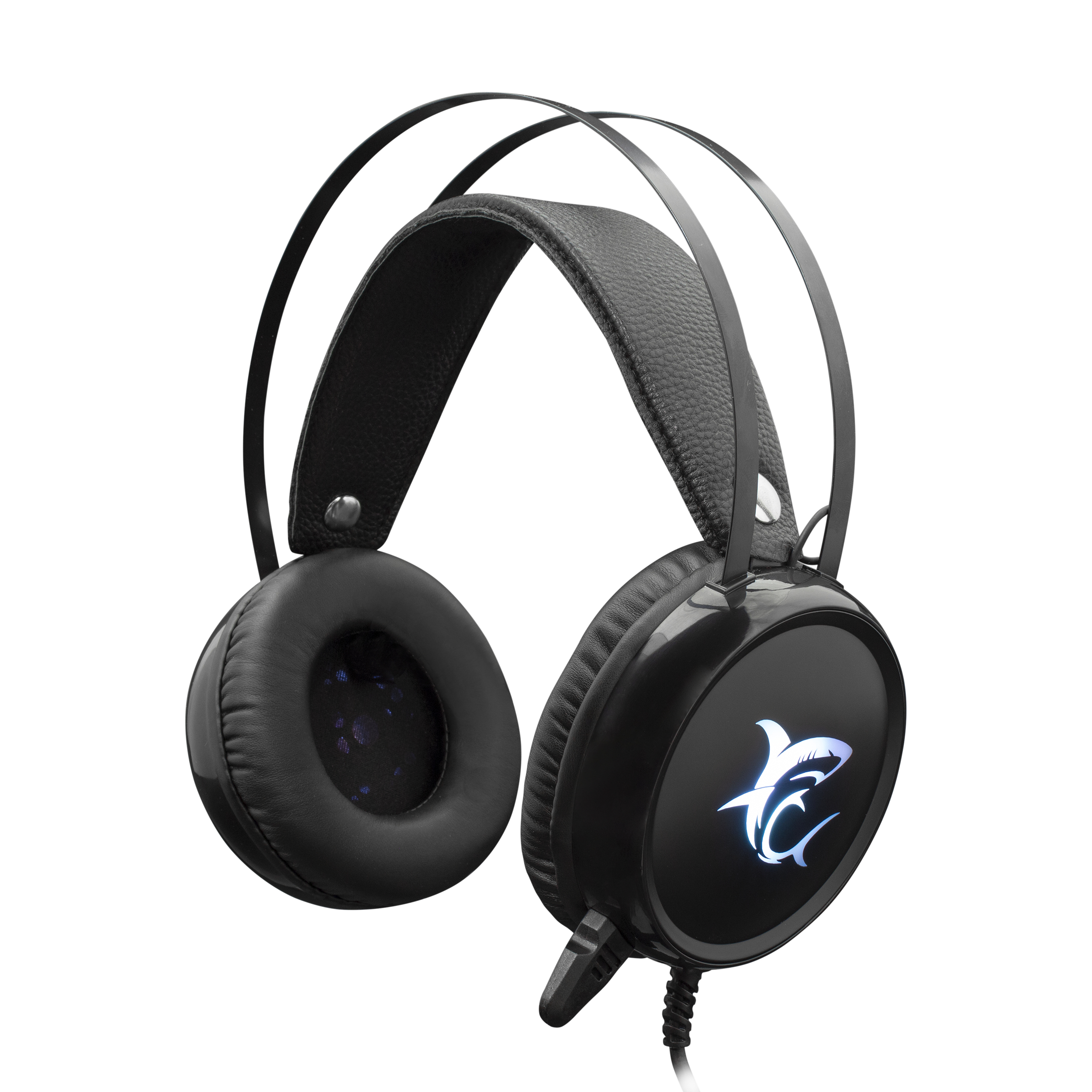 Cuffie gaming nere con logo di squalo e cavo nero.