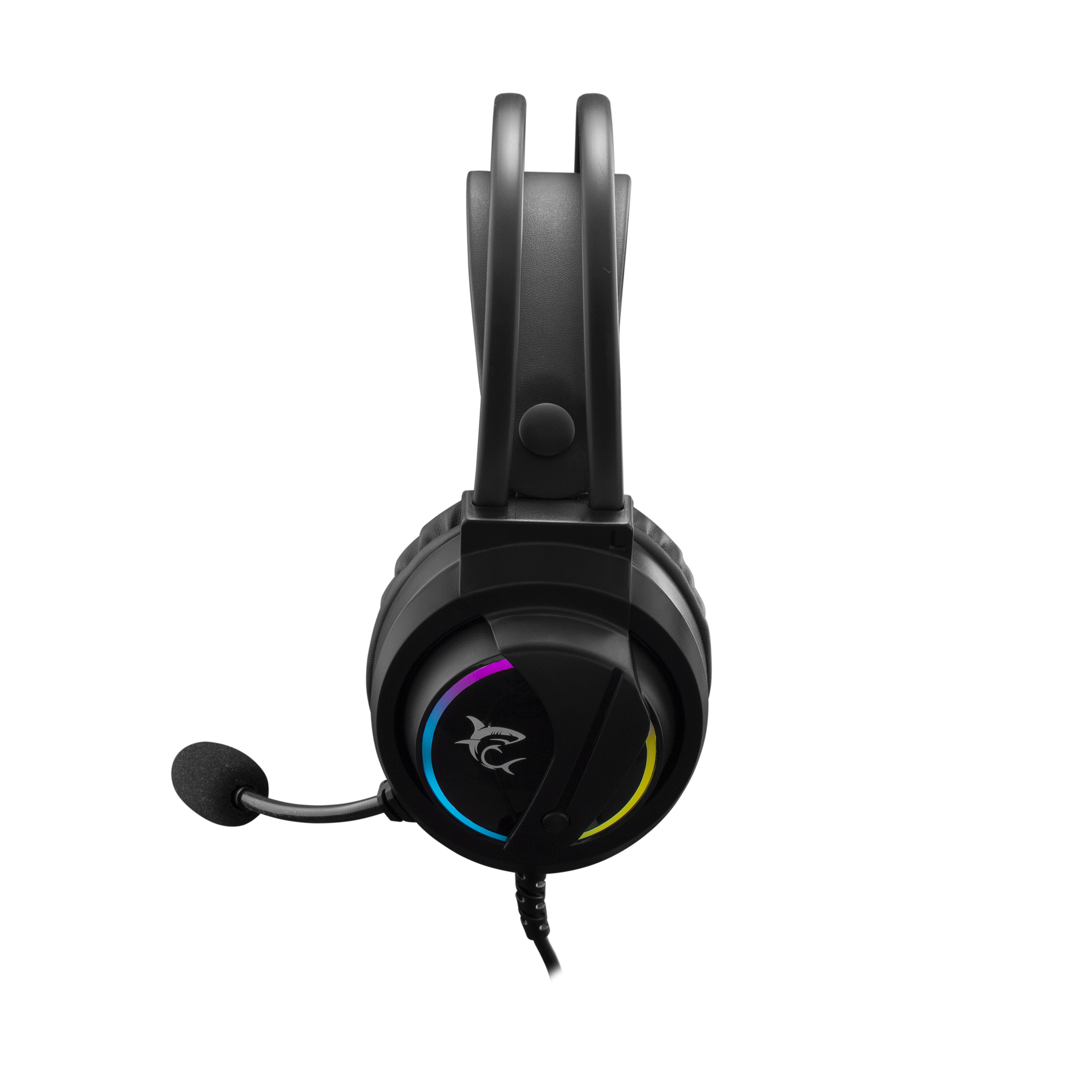 Cuffie da gioco nere con microfono, isolate su sfondo bianco.