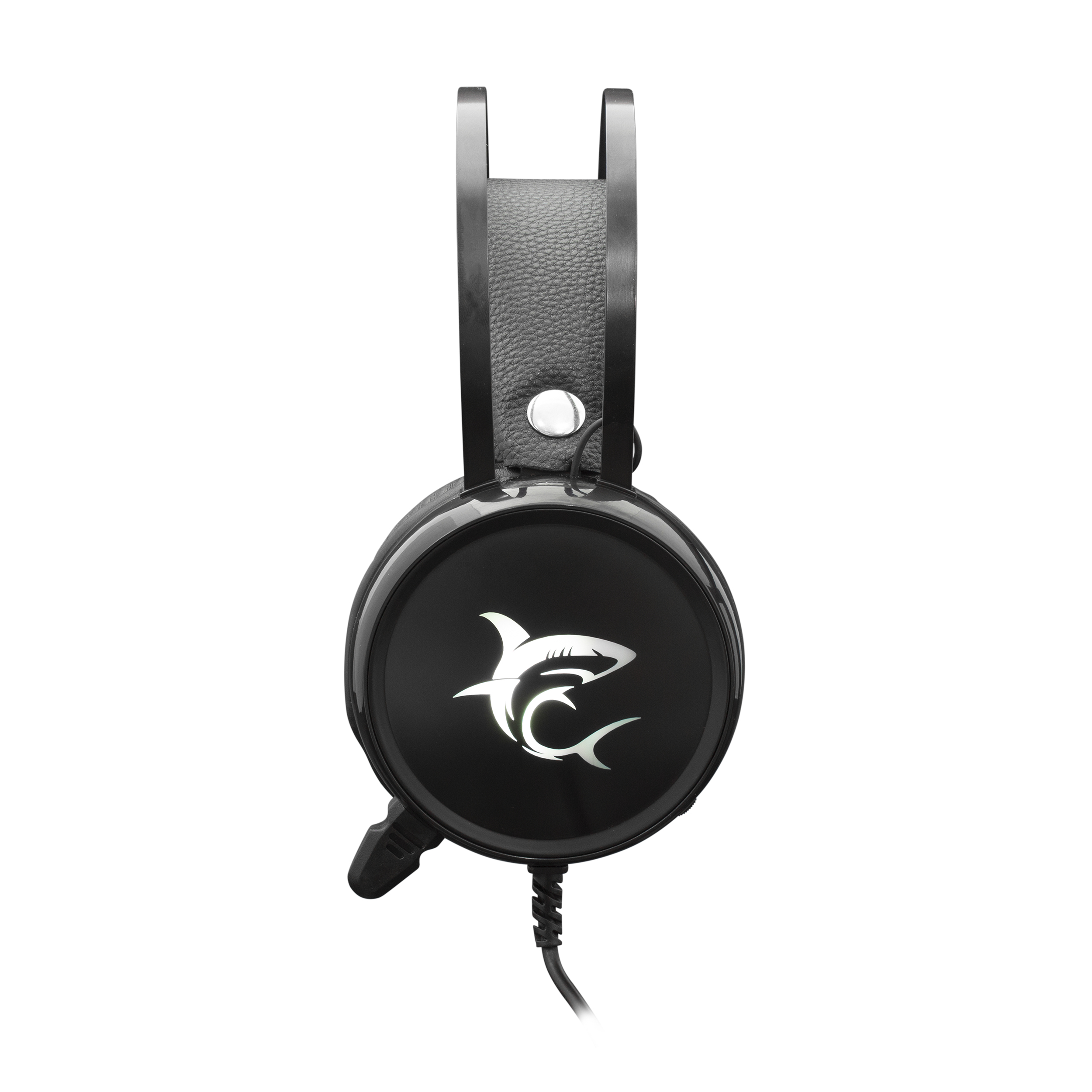Cuffie da gaming nere con un logo a squalo sul padiglione auricolare. Il microfono è attaccato.