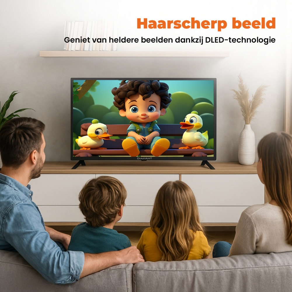 Een gezin kijkt naar een cartoon op tv. De tv staat op een houten tafel. Achtergrond: witte muur, raam.