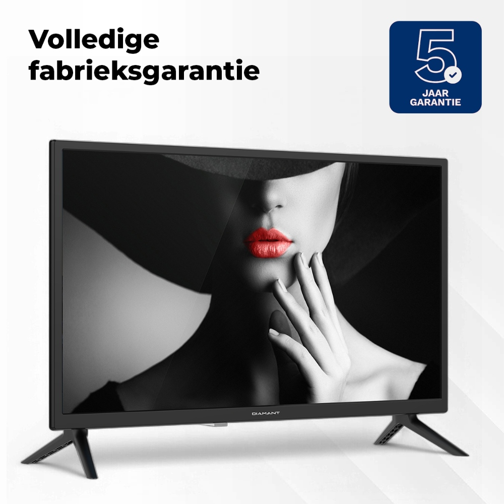 Das Gesicht einer Frau auf einem Fernsehbildschirm mit den Worten '5 jaar garantie'. Der Fernseher ist schwarz und steht auf Beinen.