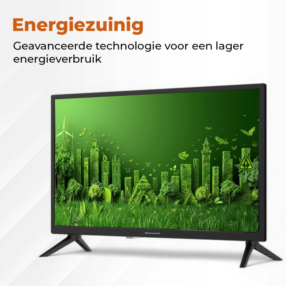 Een zwart tv-scherm met een groen stadsbeeld en tekst erboven. Het staat op een zwarte standaard.