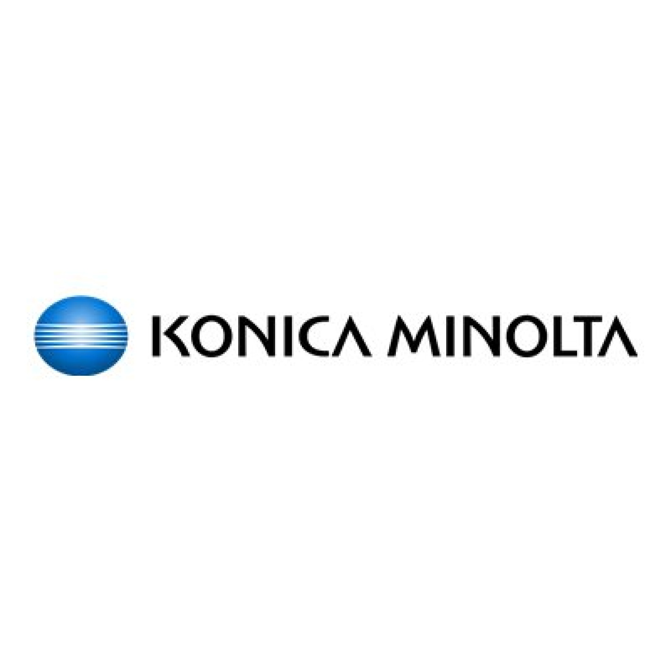 Logo Konica Minolta, globo blu con linee bianche e testo nero su sfondo bianco.