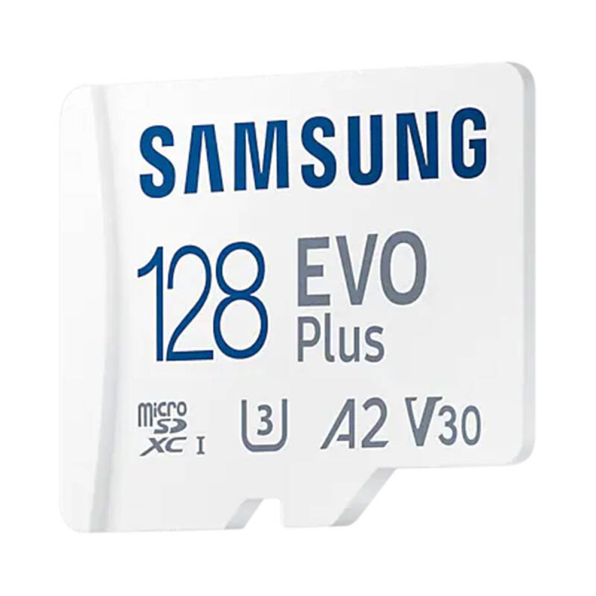 Weiße Samsung 128 EVO Plus microSD-Karte mit Text und Symbolen, die Speicher und Technologie anzeigen.