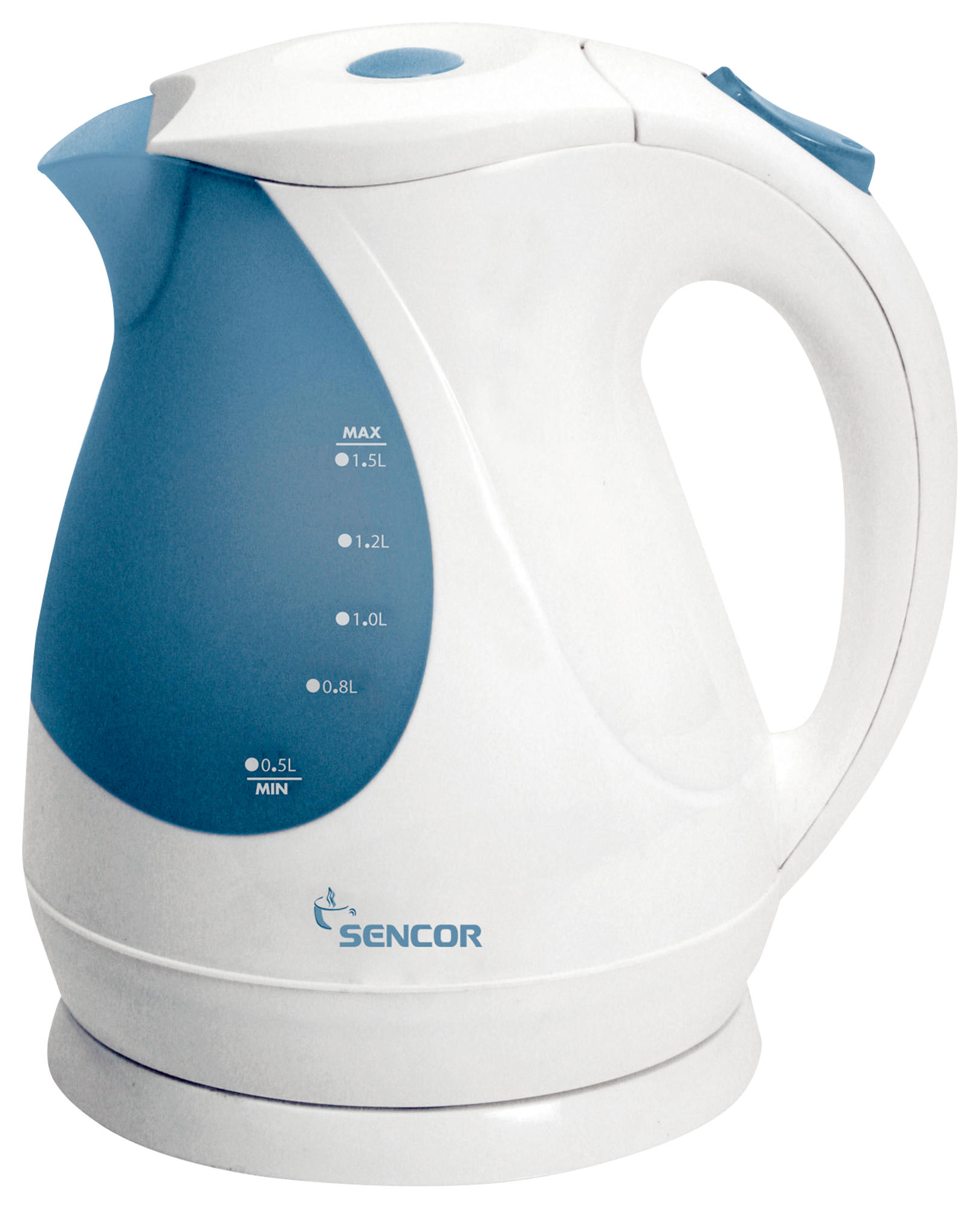 Biało-niebieski czajnik elektryczny ze wskaźnikami poziomu wody i marką 'SENCOR'.
