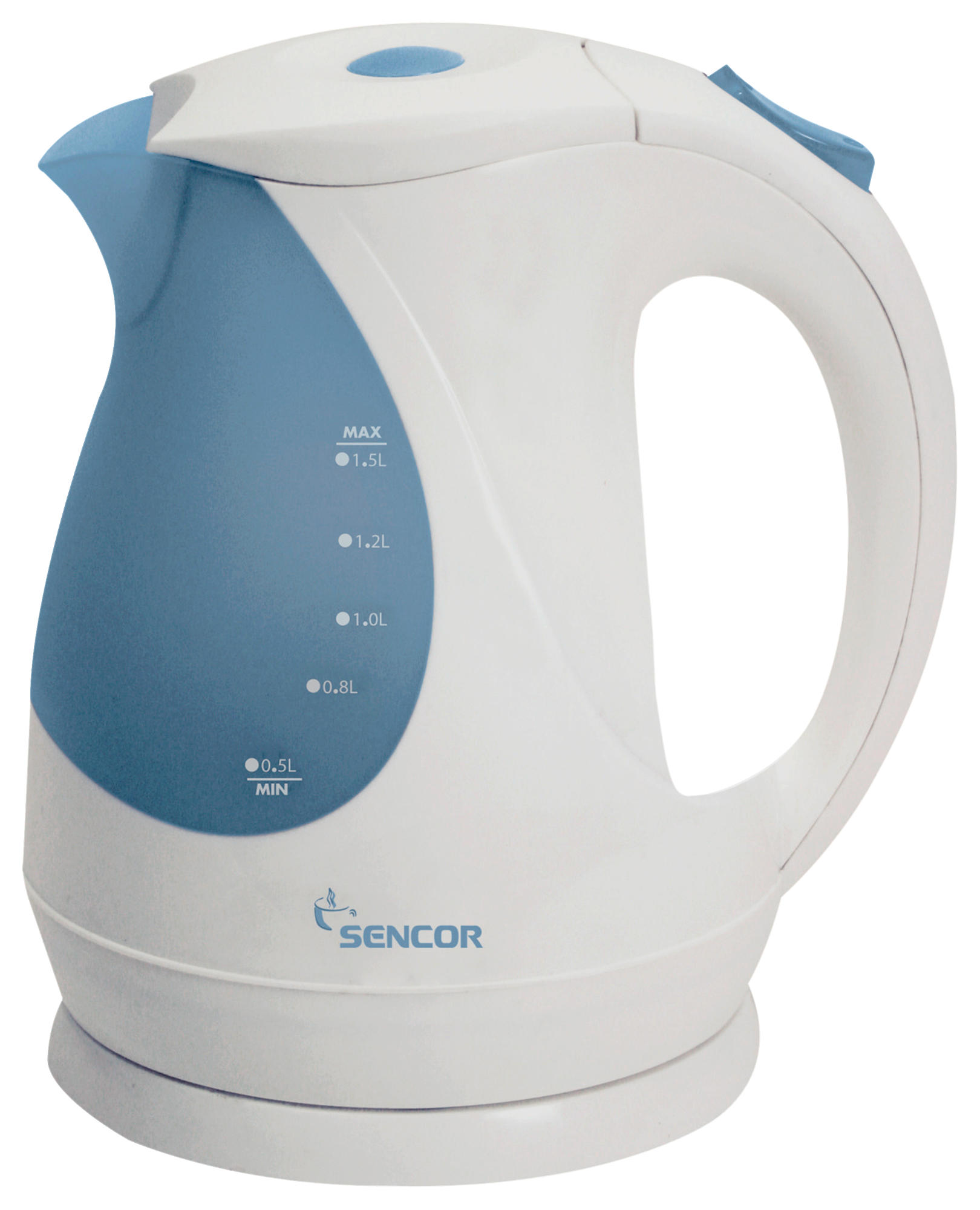 Biało-niebieski czajnik elektryczny, ze wskaźnikami poziomu wody i logo SENCOR.