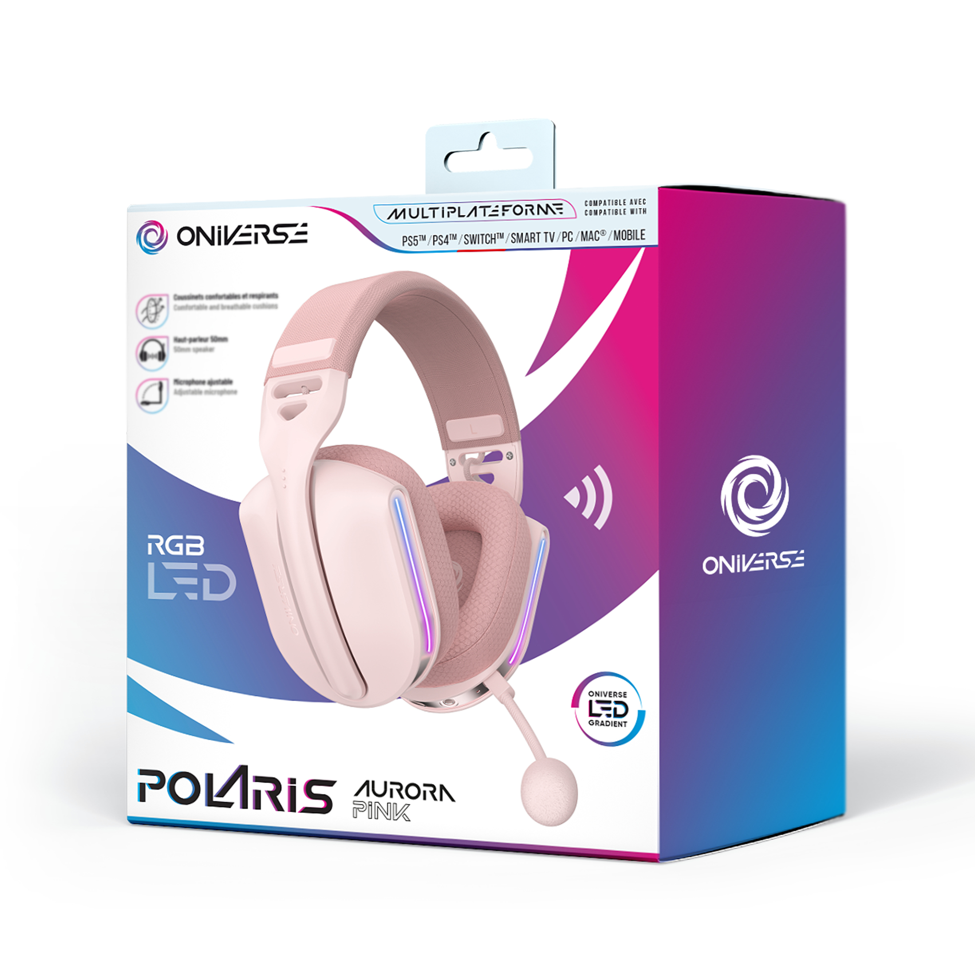 Różowe pudełko z zestawem słuchawkowym do gier. Białe tło.