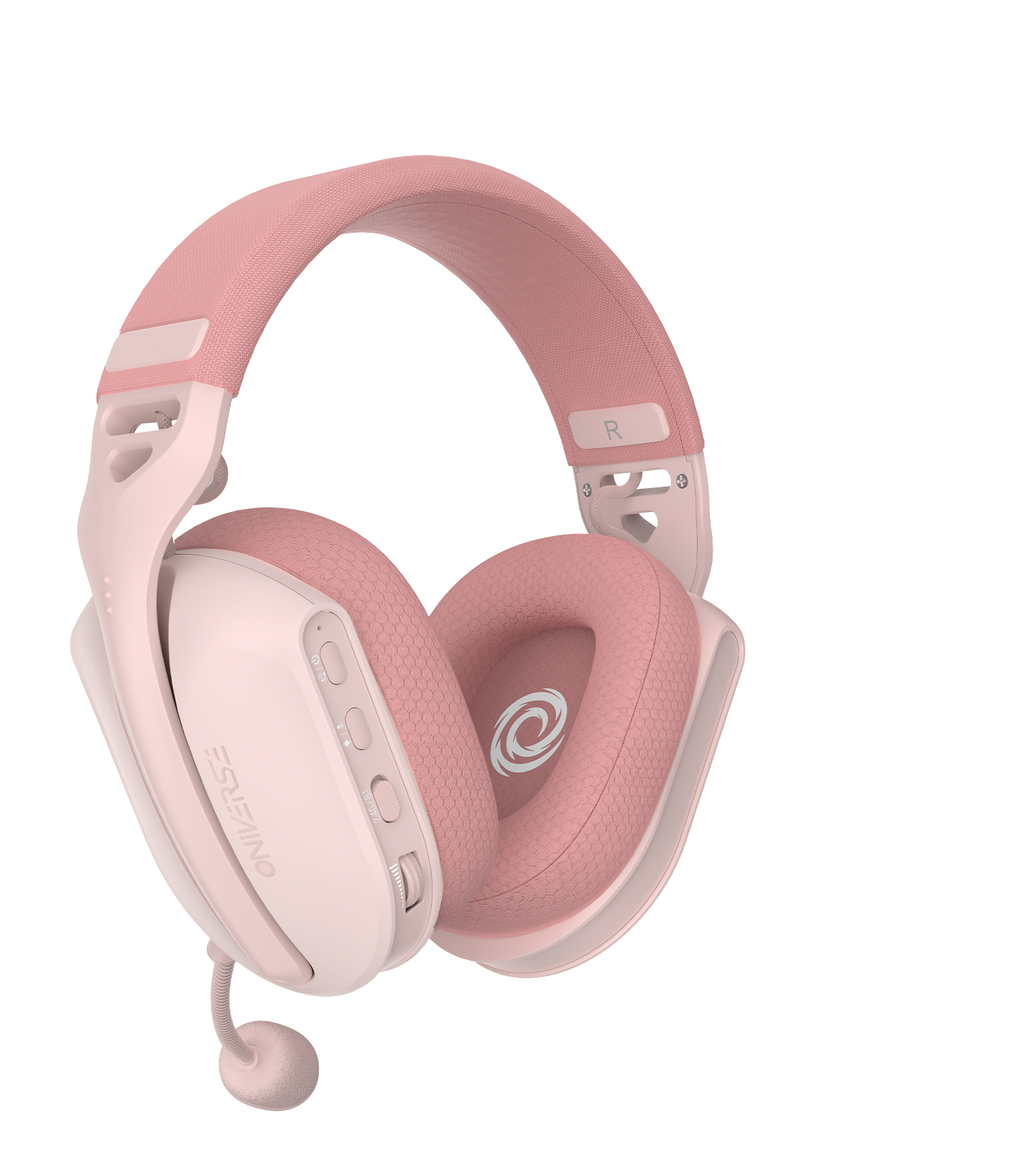 Różowo-biały zestaw słuchawkowy dla graczy z mikrofonem. Logo znajduje się na nausznikach.