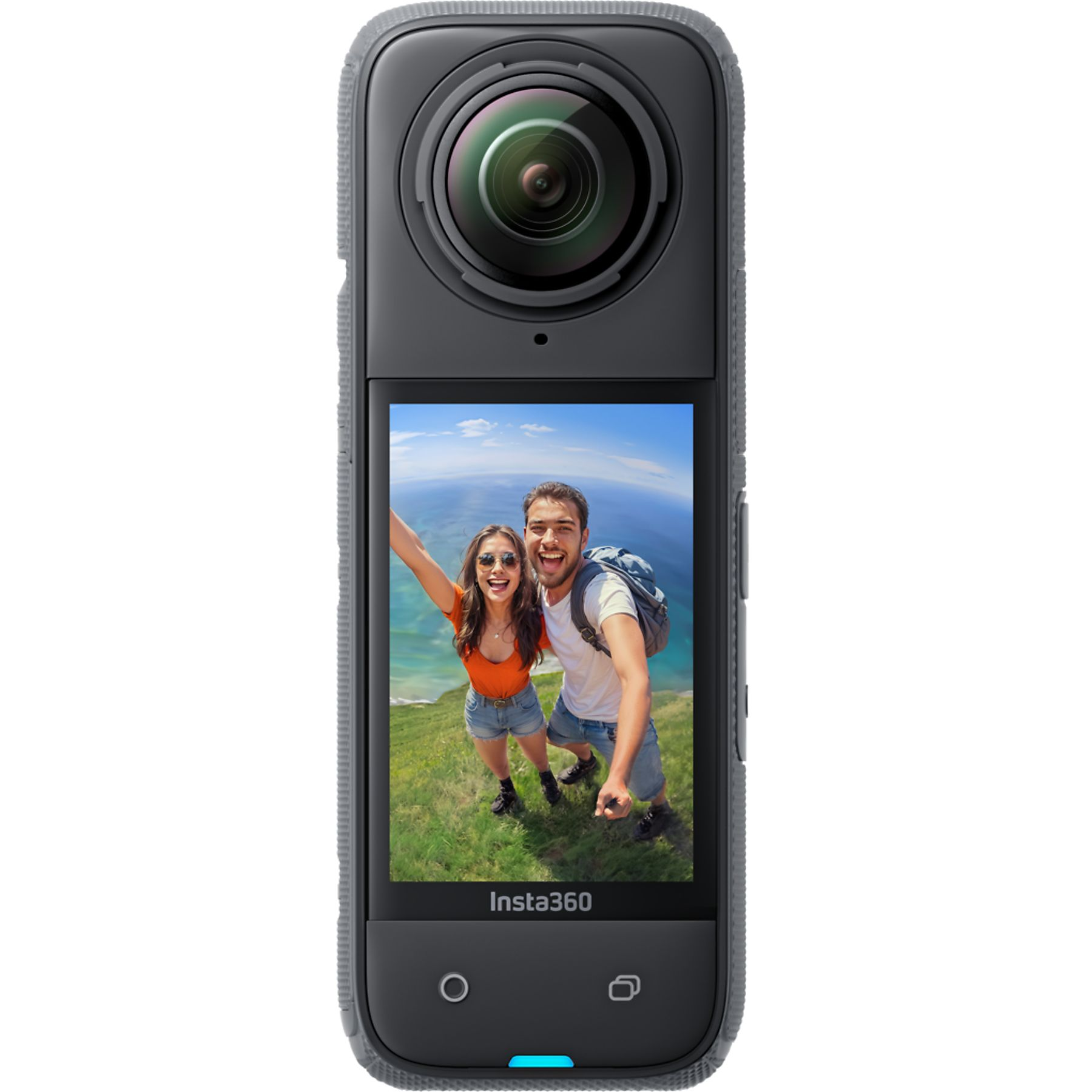 Fotocamera nera con schermo. Due persone sono visualizzate sullo schermo. La fotocamera è in una custodia grigia.