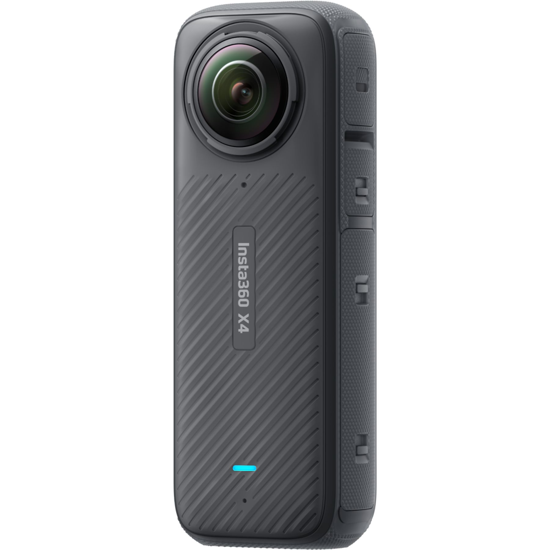 Fotocamera nera Insta360 X4 con due lenti. La fotocamera ha un corpo grigio e una luce blu.