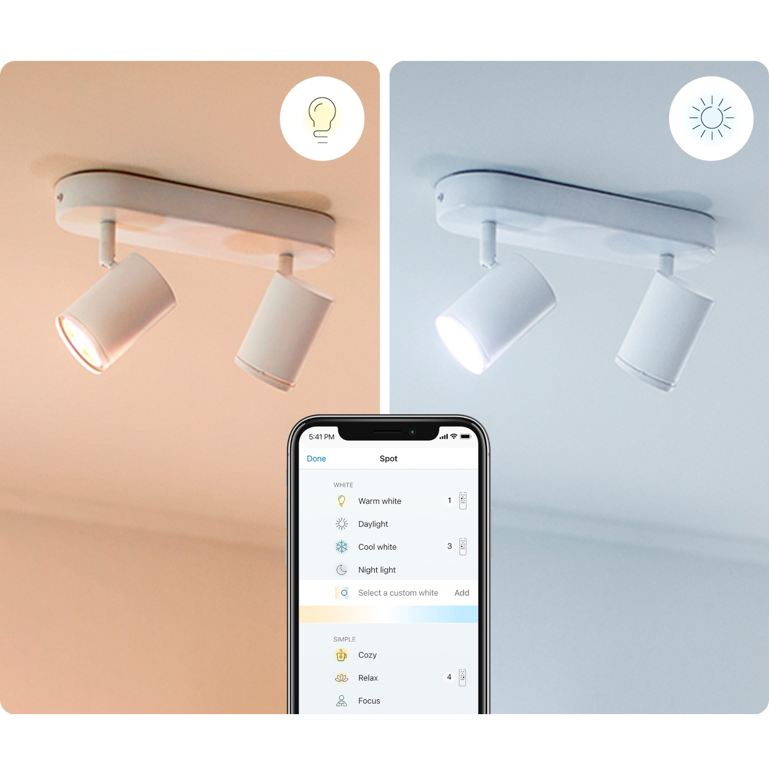 Due luci sul soffitto. Un telefono mostra le impostazioni della luce: calda, luce diurna, fredda e notturna.