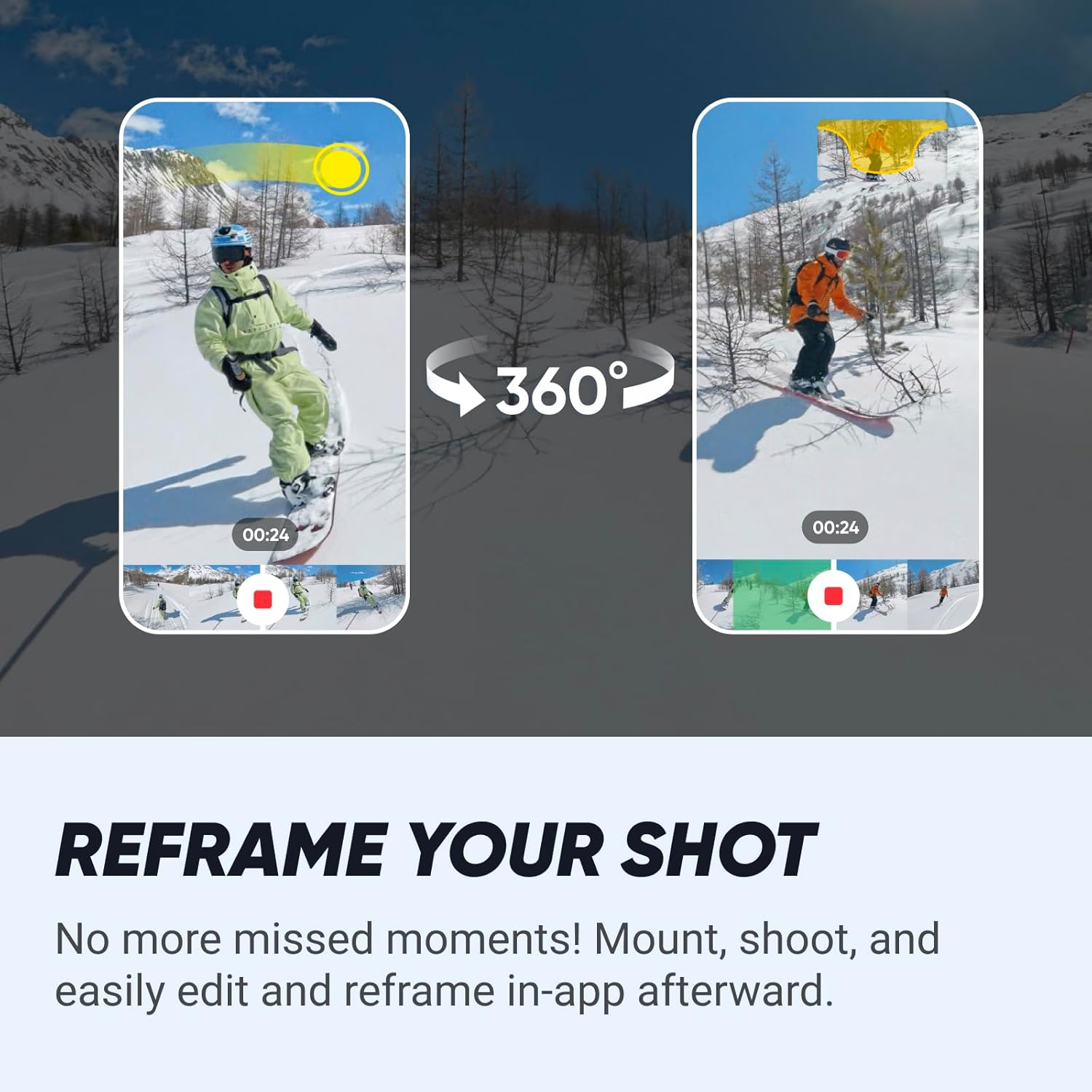Due telefoni che mostrano lo sci, un segno di 360° e il testo "Reframe Your Shot".