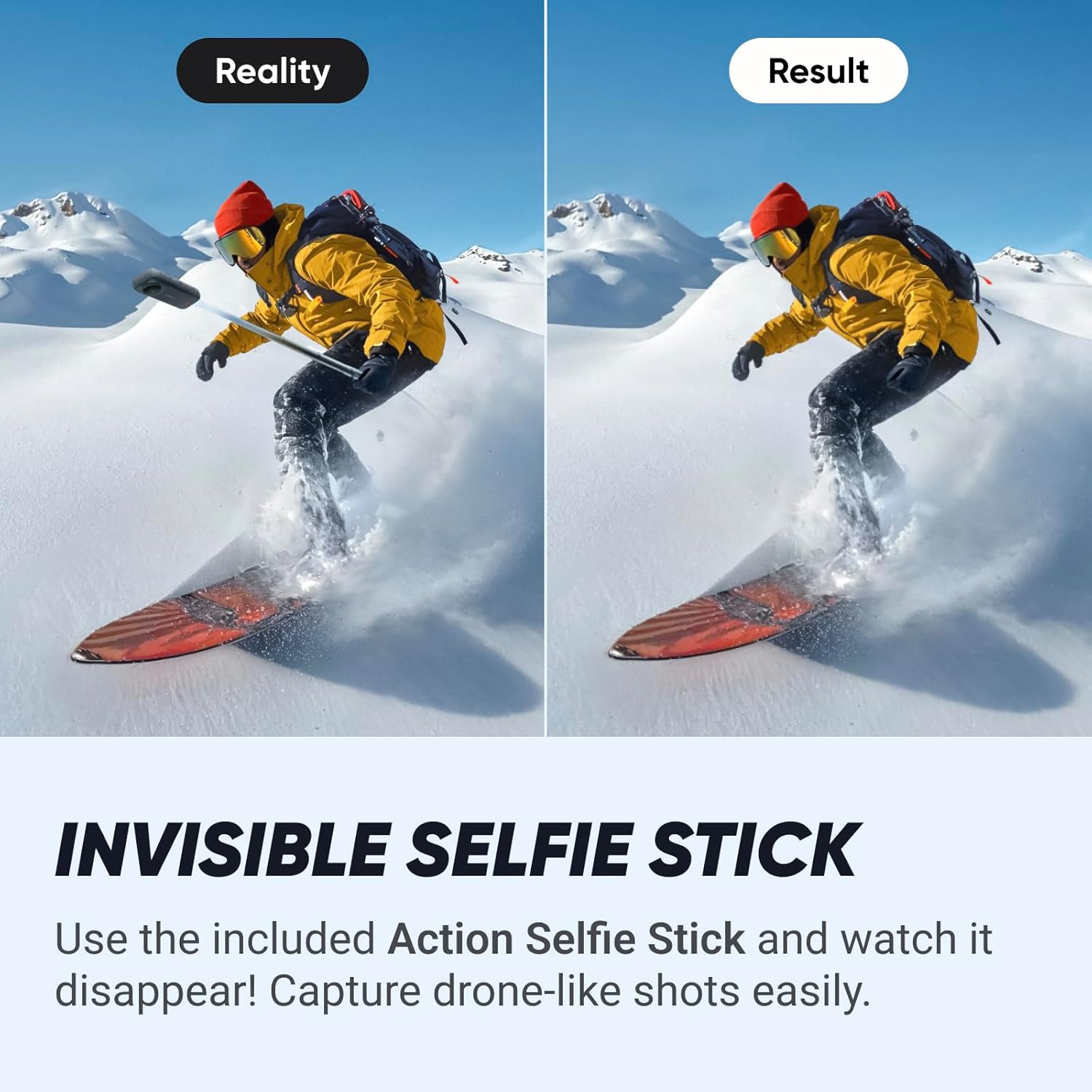Uno sciatore usa un bastone per selfie invisibile. L'immagine mostra la realtà vs. il risultato.