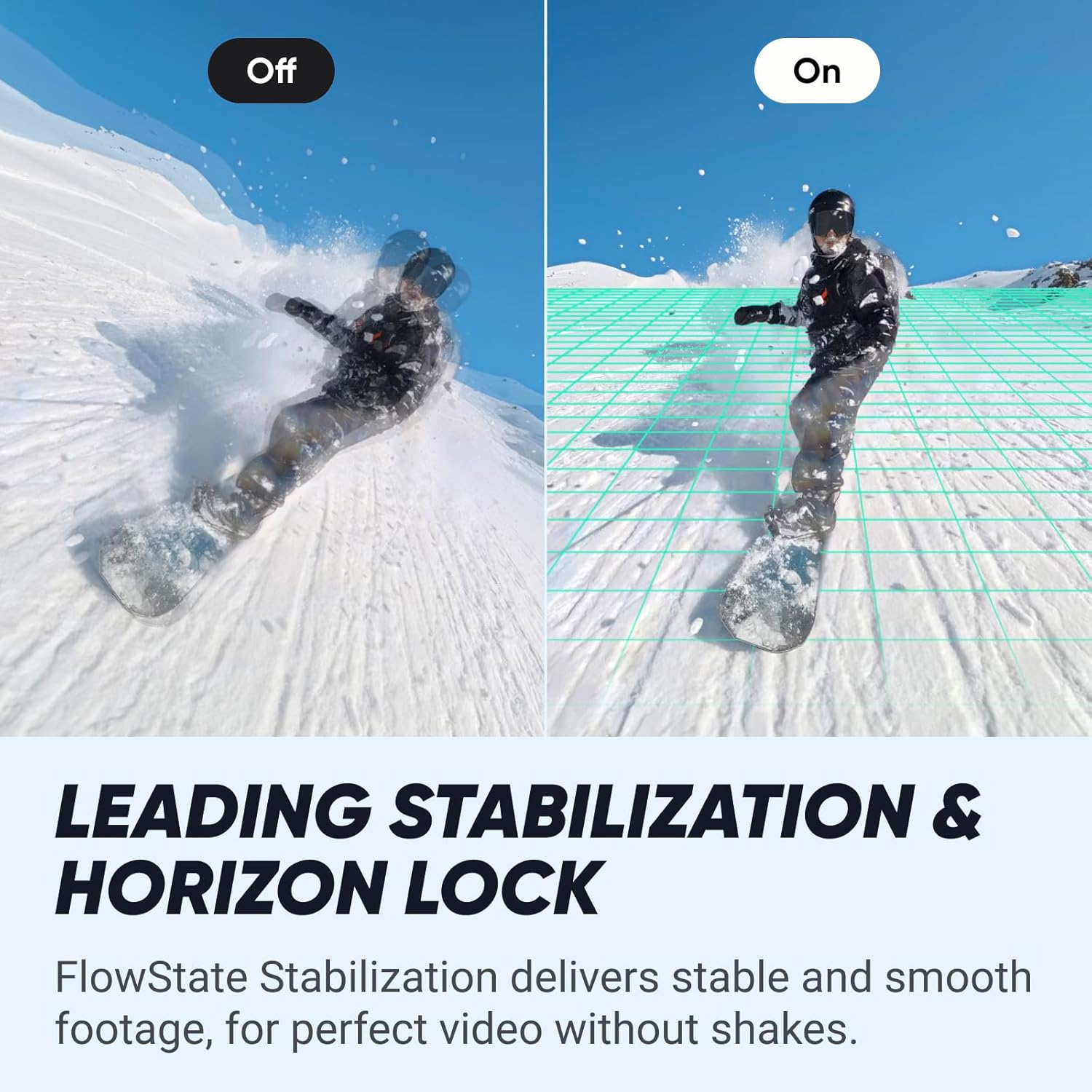 Uno snowboarder sulla neve, che mostra prima e dopo la stabilizzazione. Testo: Stabilizzazione leader e blocco dell'orizzonte.