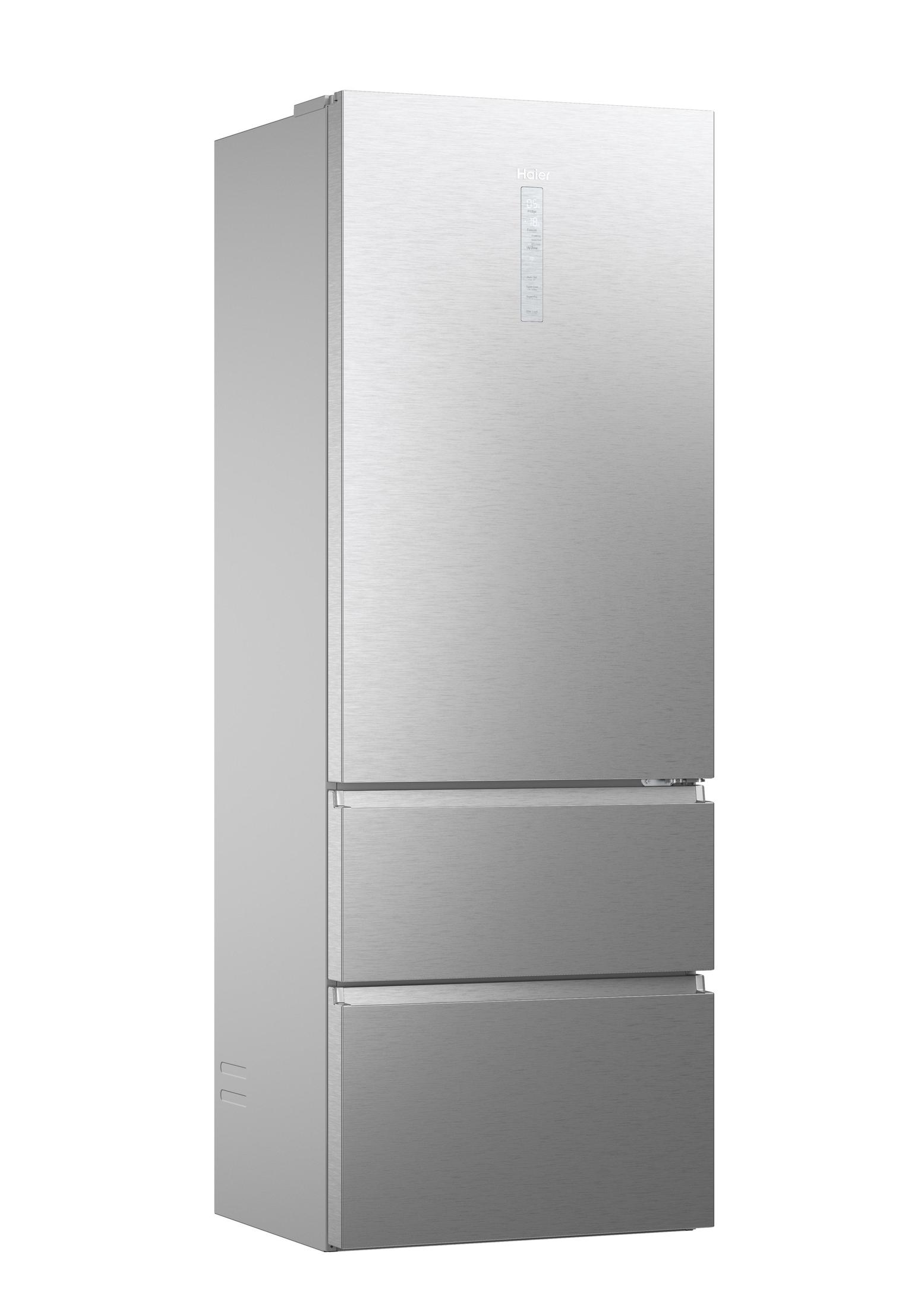 Refrigerador plateado con dos cajones y una sección superior. Logotipo Haier visible.