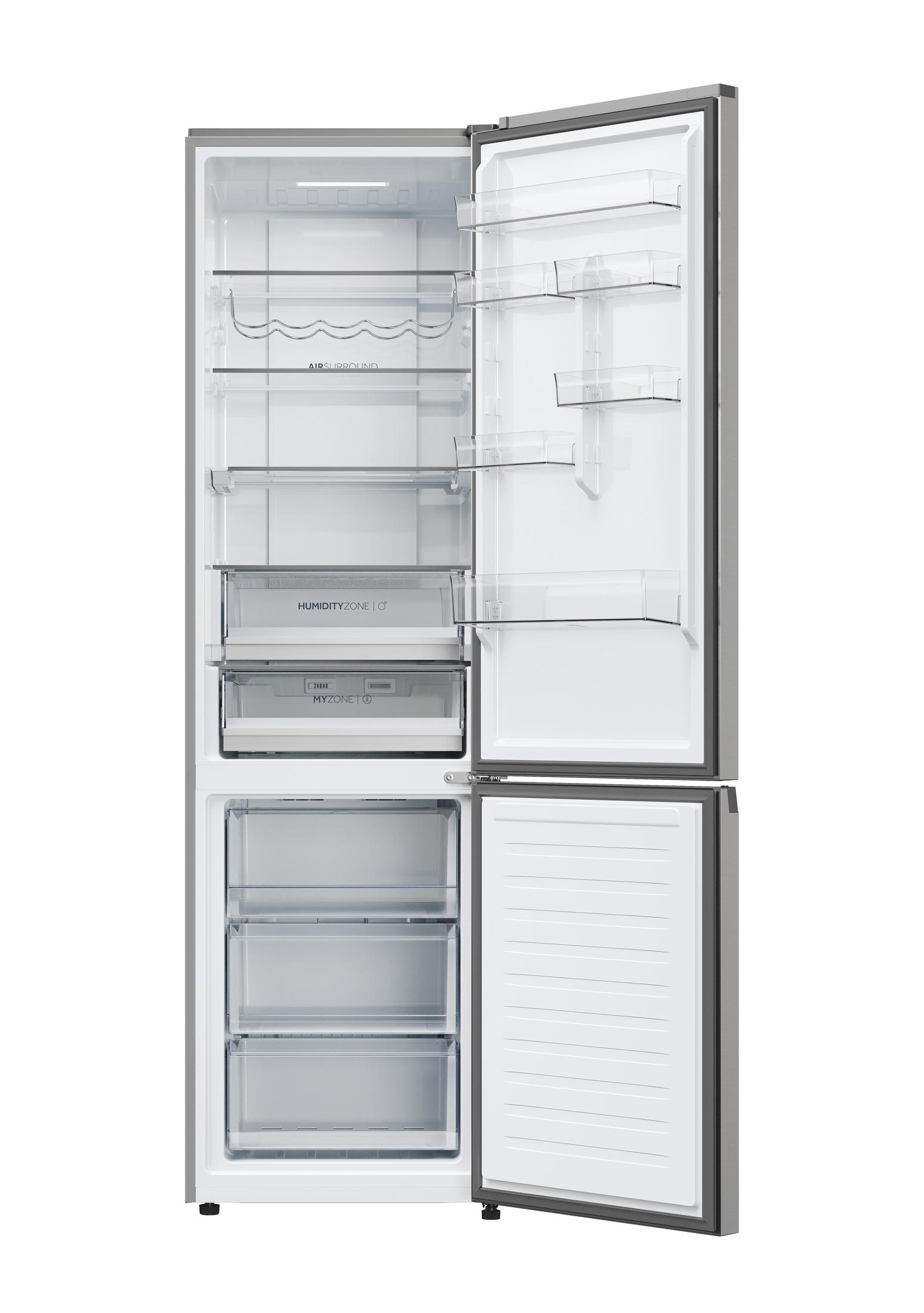 Geöffneter silberner Kühlschrank, zeigt Regale und Schubladen. Eine Tür offen.