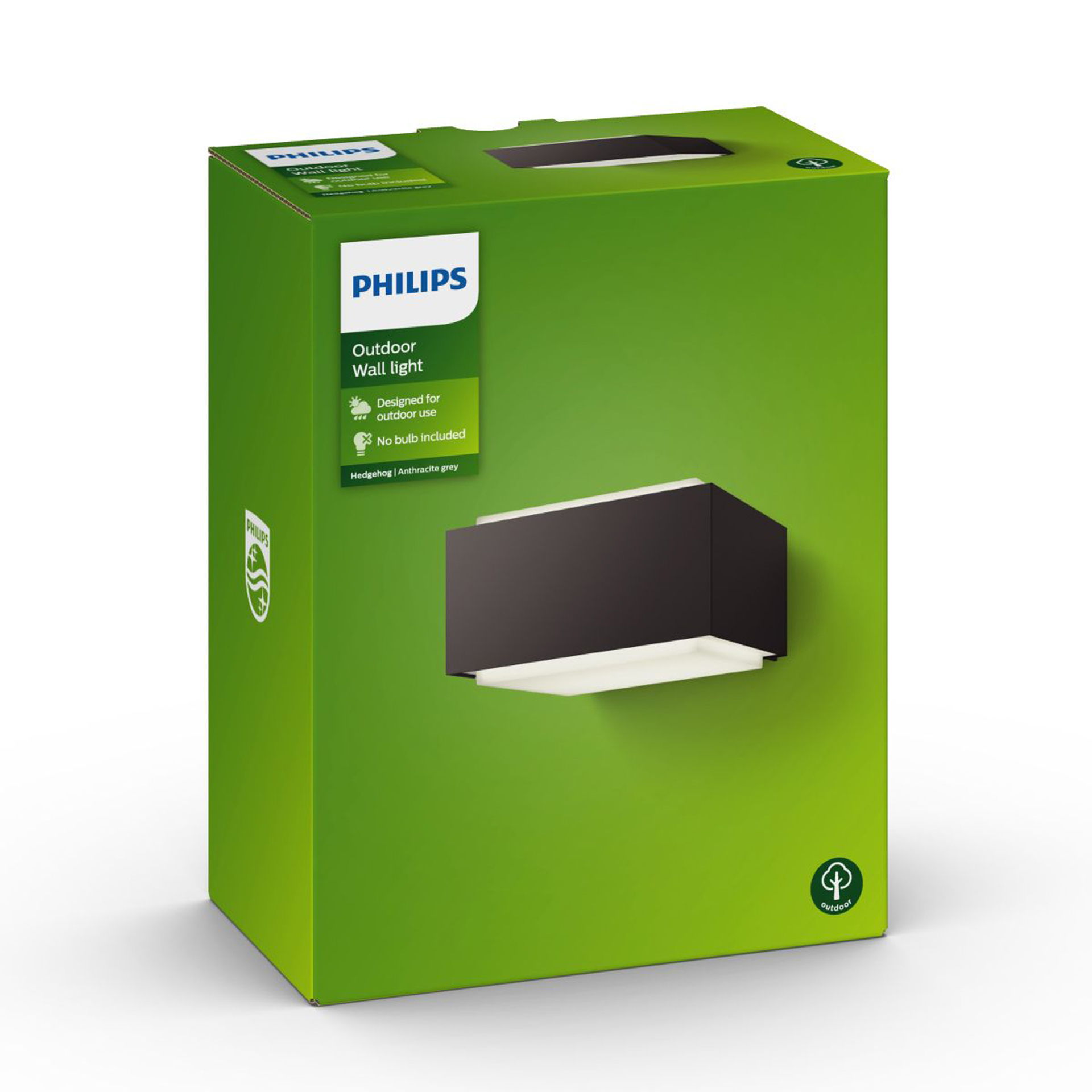 Caja verde para una lámpara de pared exterior Philips. La caja muestra la luz y los detalles del texto.
