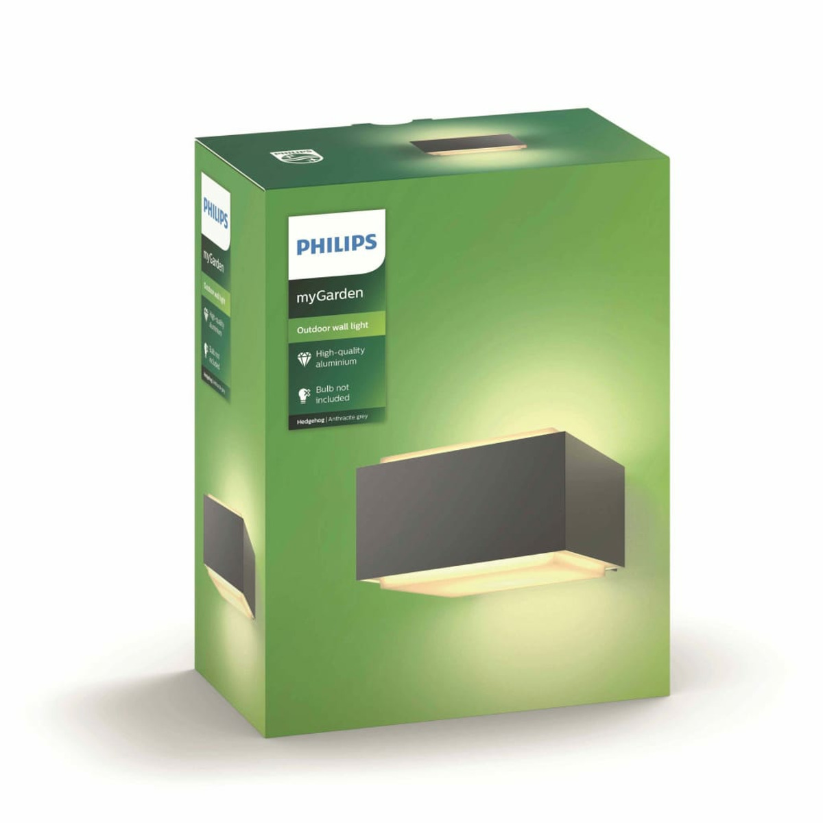 Una caja verde con un diseño de luz de pared exterior Philips myGarden.