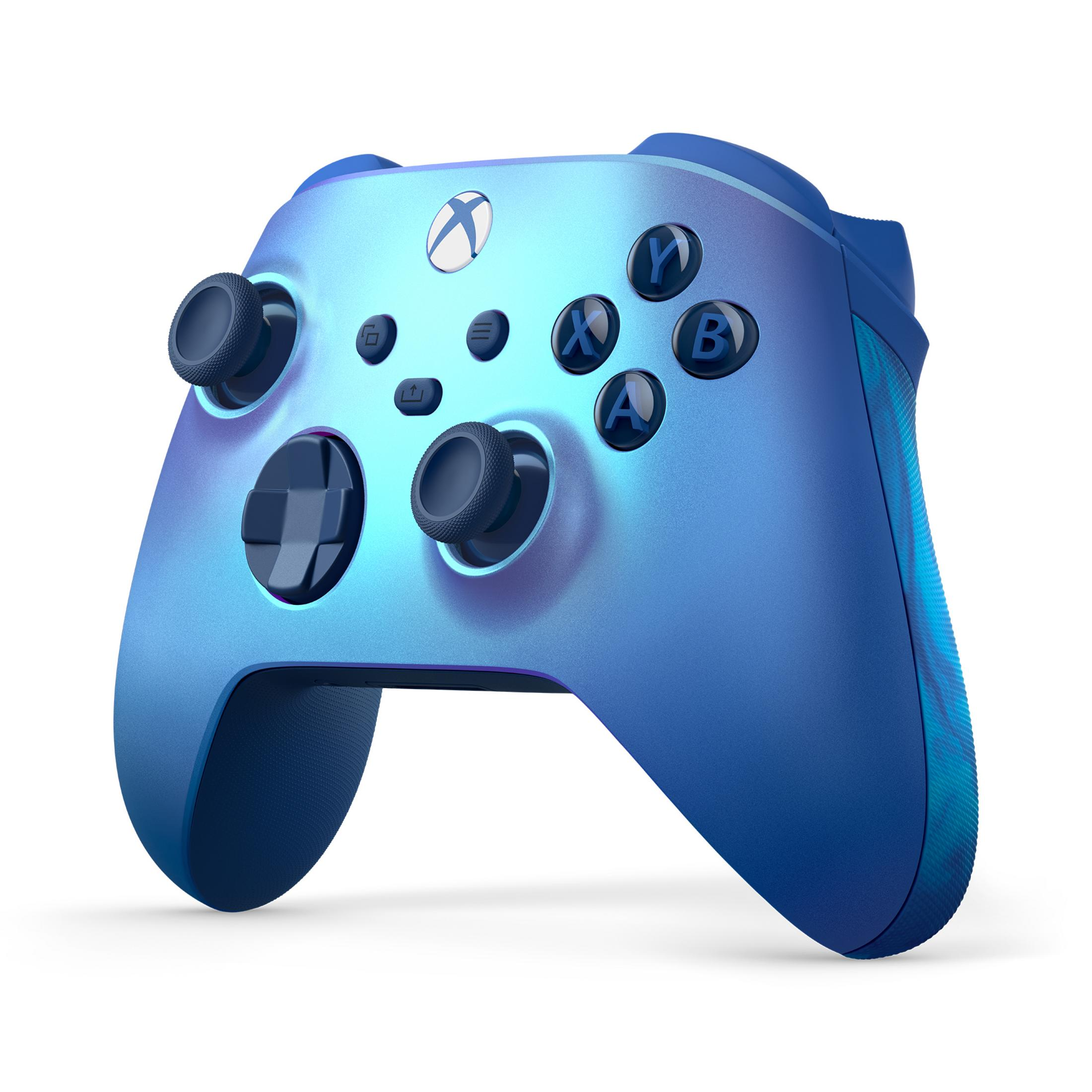 Blau-violetter Xbox-Controller auf weißem Hintergrund.