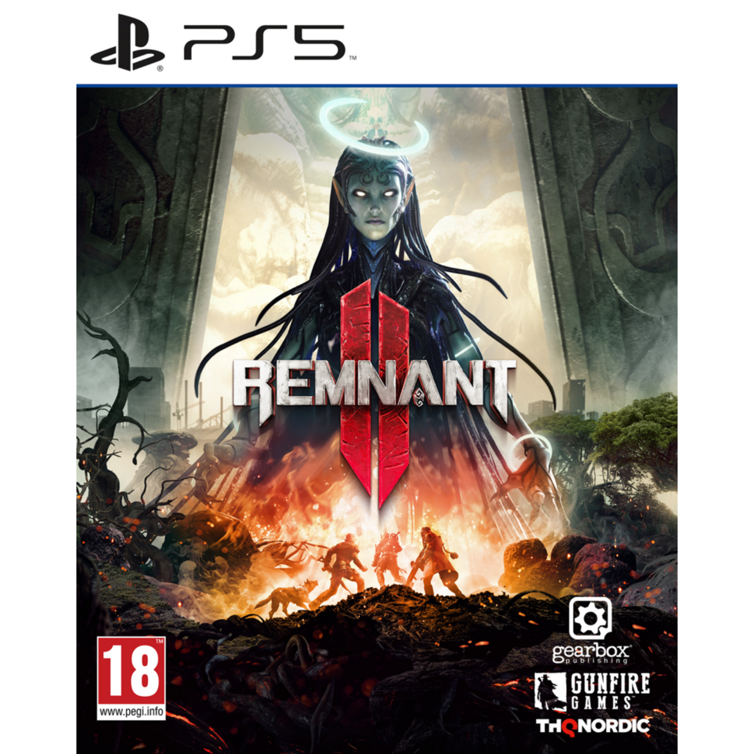 Portada del juego con un personaje central, título 'Remnant II' y figuras de acción en un entorno de fuego.