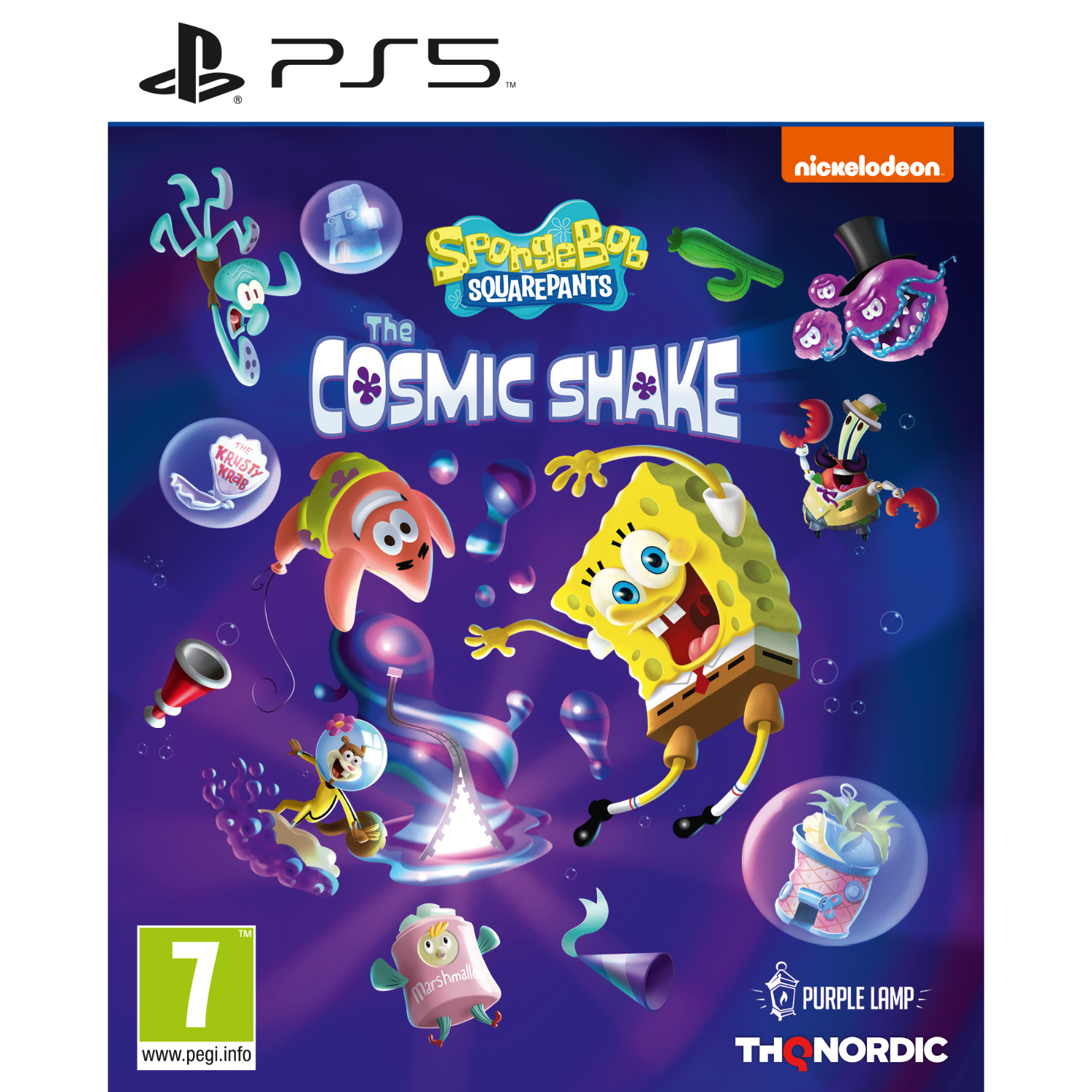 Okładka gry wideo SpongeBob Kanciastoporty z postaciami z kreskówek i fioletowym tłem. Gra jest na PS5.