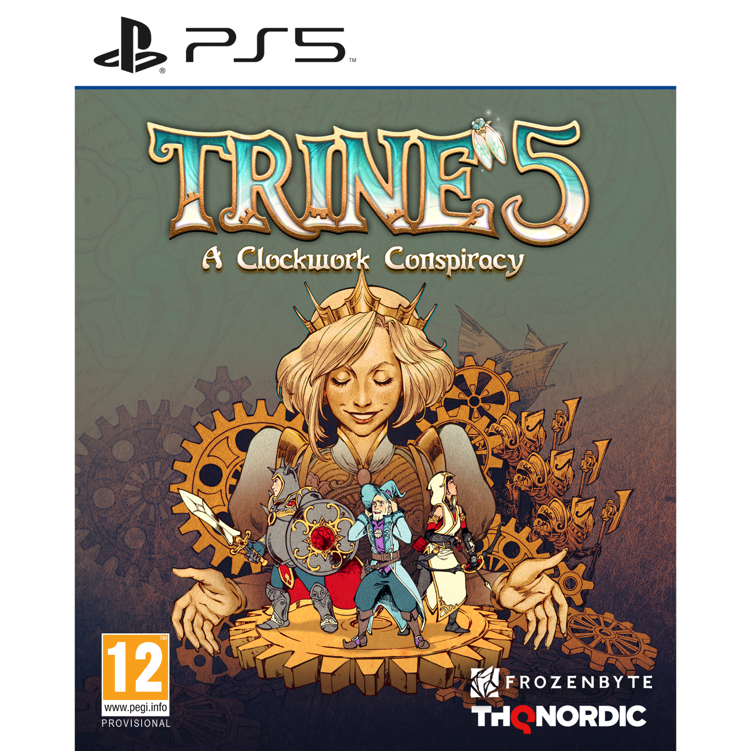 Okładka gry Trine 5: A Clockwork Conspiracy. Postacie na pierwszym planie. Logo PS5 u góry po lewej.