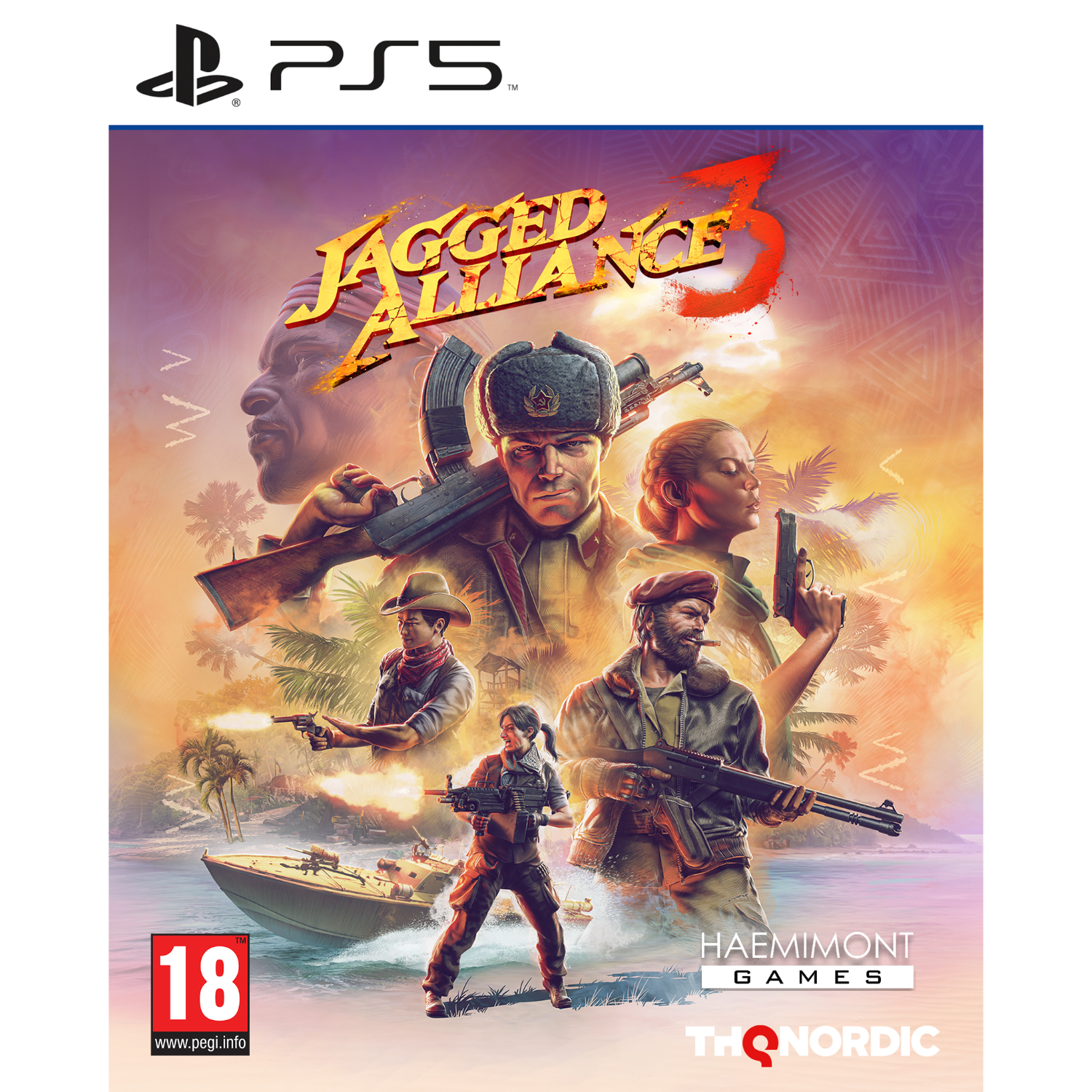Arte de la caja del juego "Jagged Alliance 3". Personajes en acción, fondo tropical, con logo PS5.