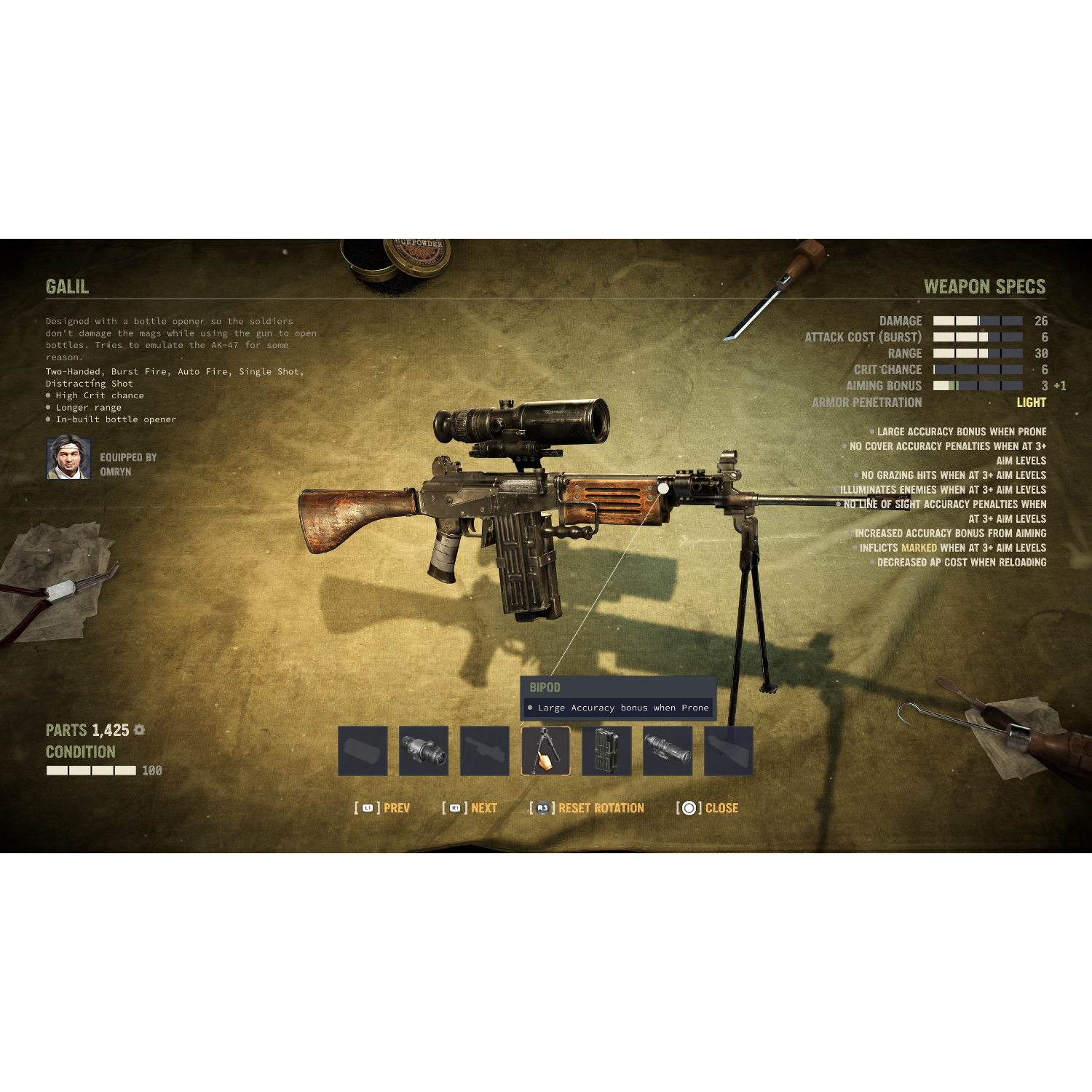 Un rifle militar con mira telescópica, y texto que describe sus especificaciones y características.