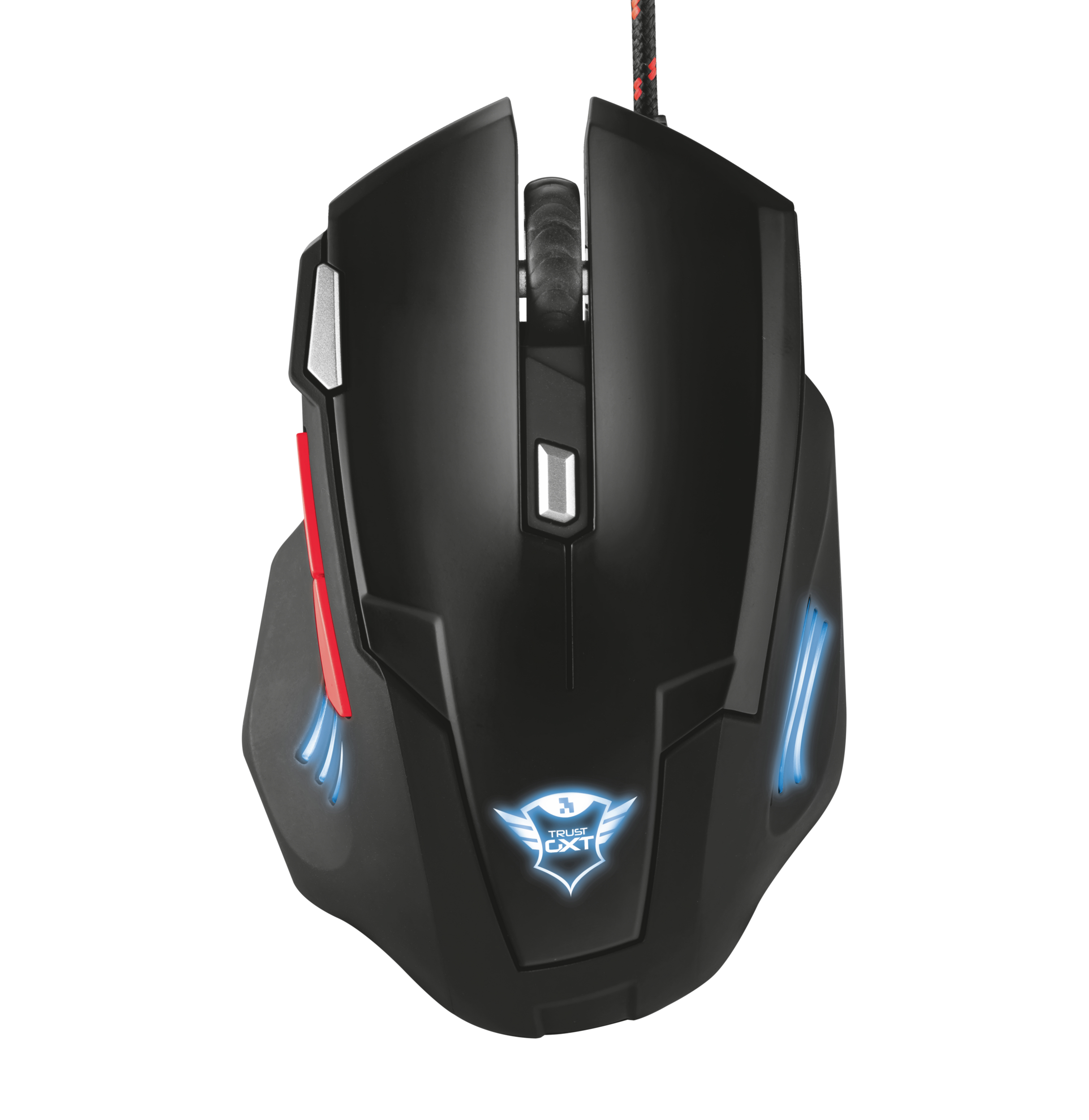 Mouse da gaming nero con dettagli rossi e blu; logo visibile.