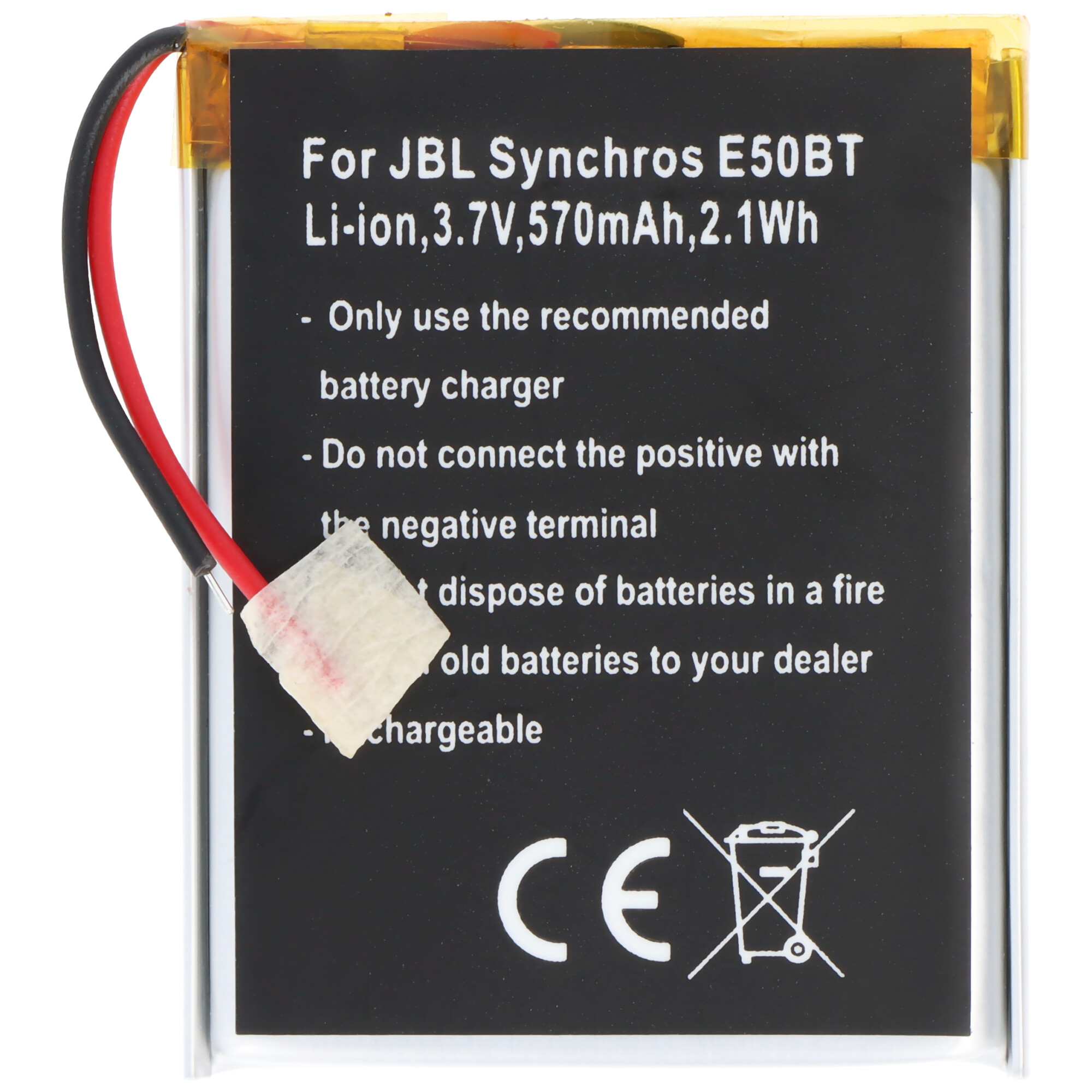 Schwarze und rote Batterie, mit Text über die Batterie und einem CE-Zeichen.