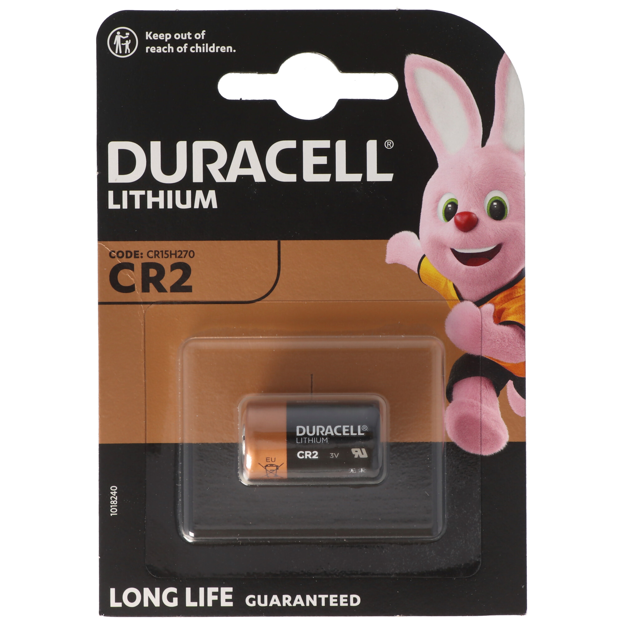 Eine Duracell Lithium-Batterieverpackung mit einem rosa Hasen. Die Batterie befindet sich in einer Kunststoffhülle.