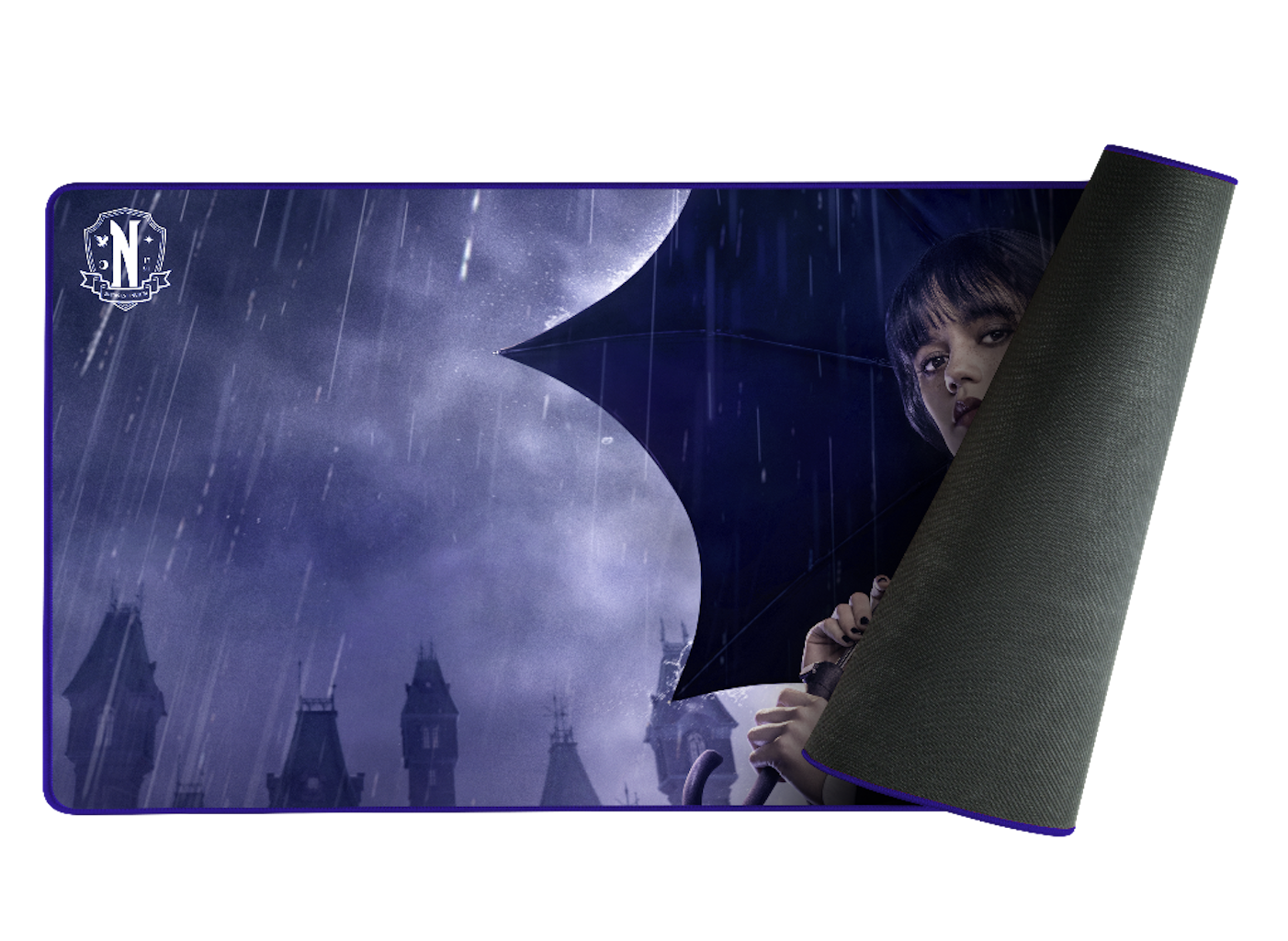 Mousepad with a Wednesday Addams design and an umbrella with rain.