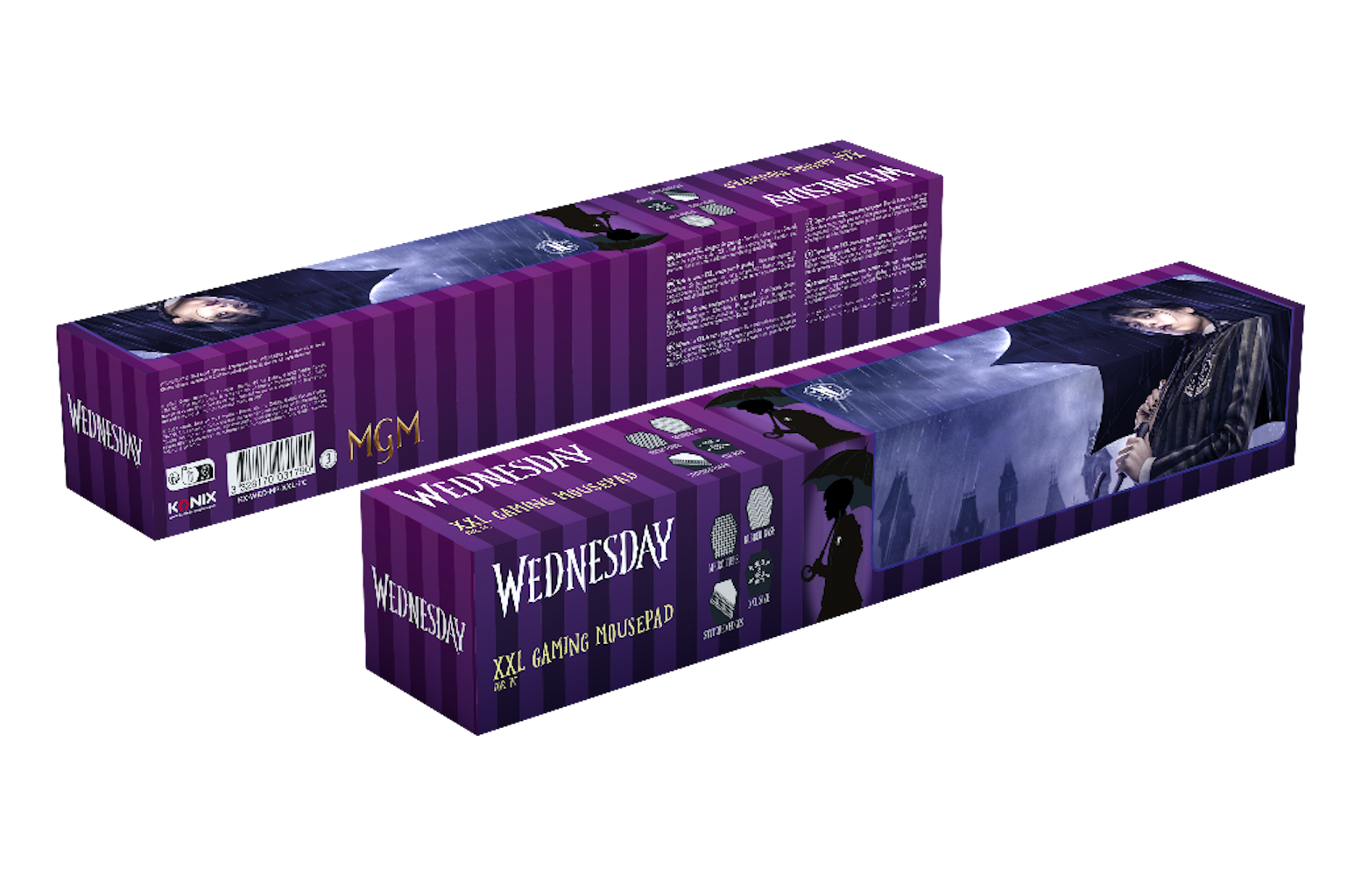 Two rectangular boxes, the "Wednesday" gaming mousepad. The boxes are purple with a picture of the character.