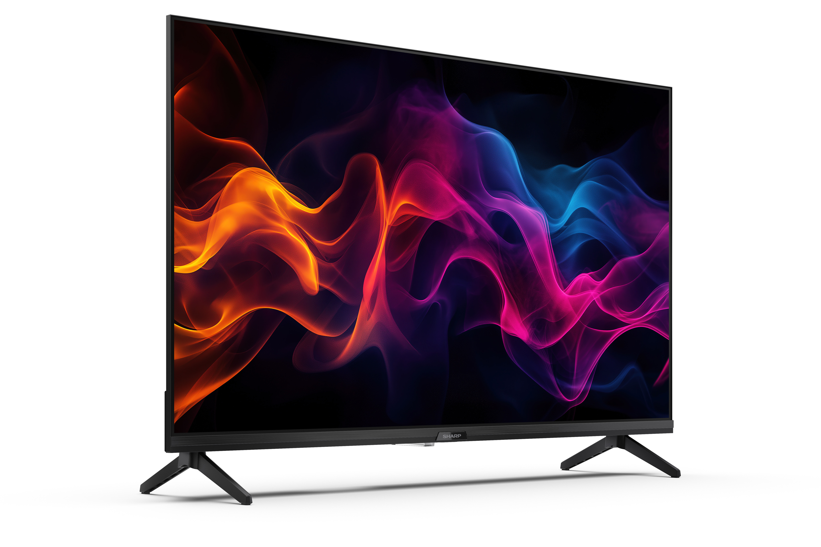 TV a schermo piatto con display colorato. Cornice nera e gambe nere. Lo schermo è acceso.
