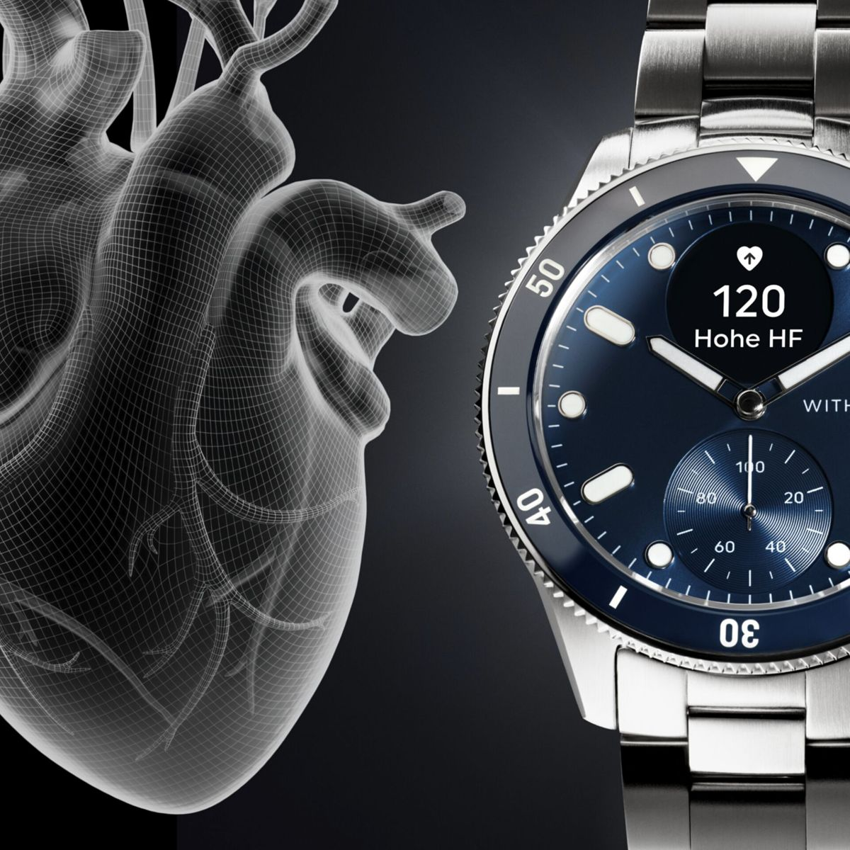 Smartwatch mit Herzfrequenz, neben einem Drahtgitterherz auf schwarzem Hintergrund.
