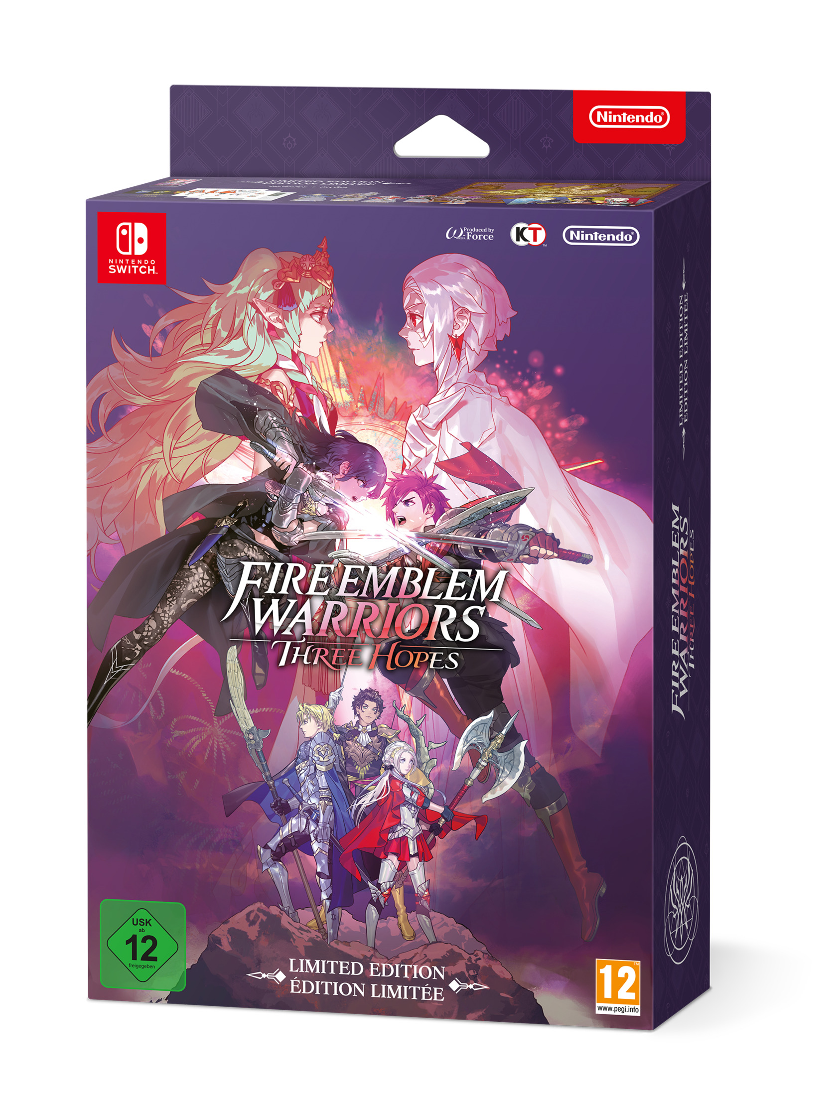 Pudełko z grą Nintendo Switch, z grą "Fire Emblem Warriors: Three Hopes". Na białym tle.