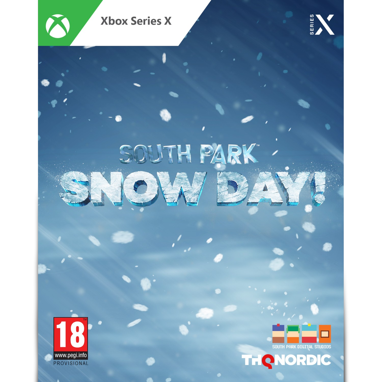 Pudełko z grą wideo 'South Park: Snow Day!' z logo Xbox Series X.