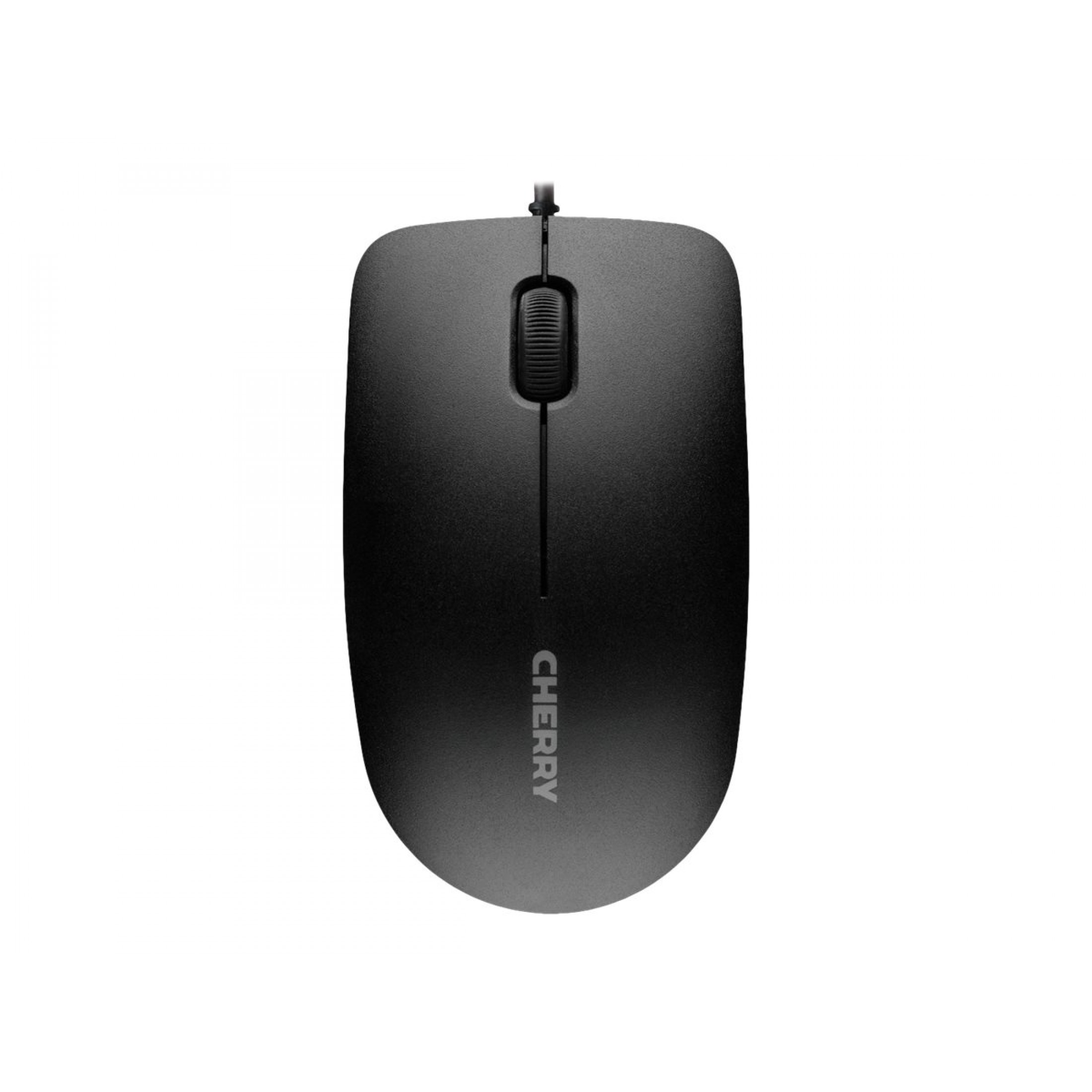 Mouse nero con rotella di scorrimento. Il mouse è semplice ed ergonomico con la parola CHERRY.