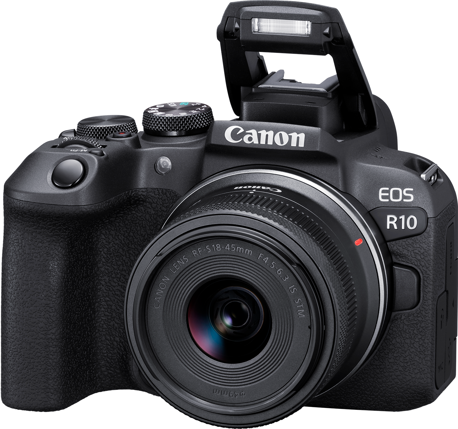 Fotocamera Canon nera con obiettivo e flash a comparsa. Su sfondo bianco.