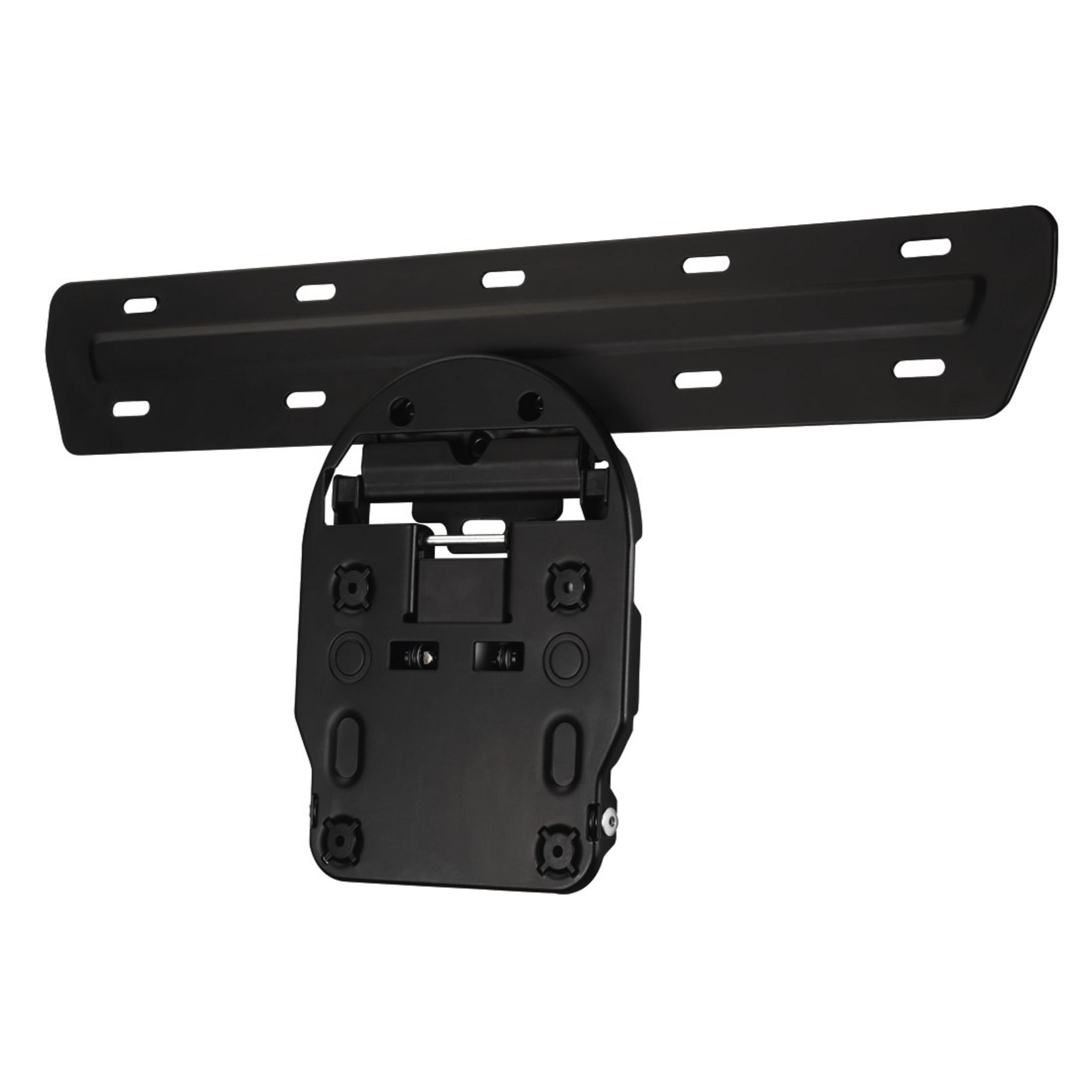 Eine schwarze TV-Wandhalterung mit Schwenkmechanismus. Die Halterung befindet sich vor weißem Hintergrund.
