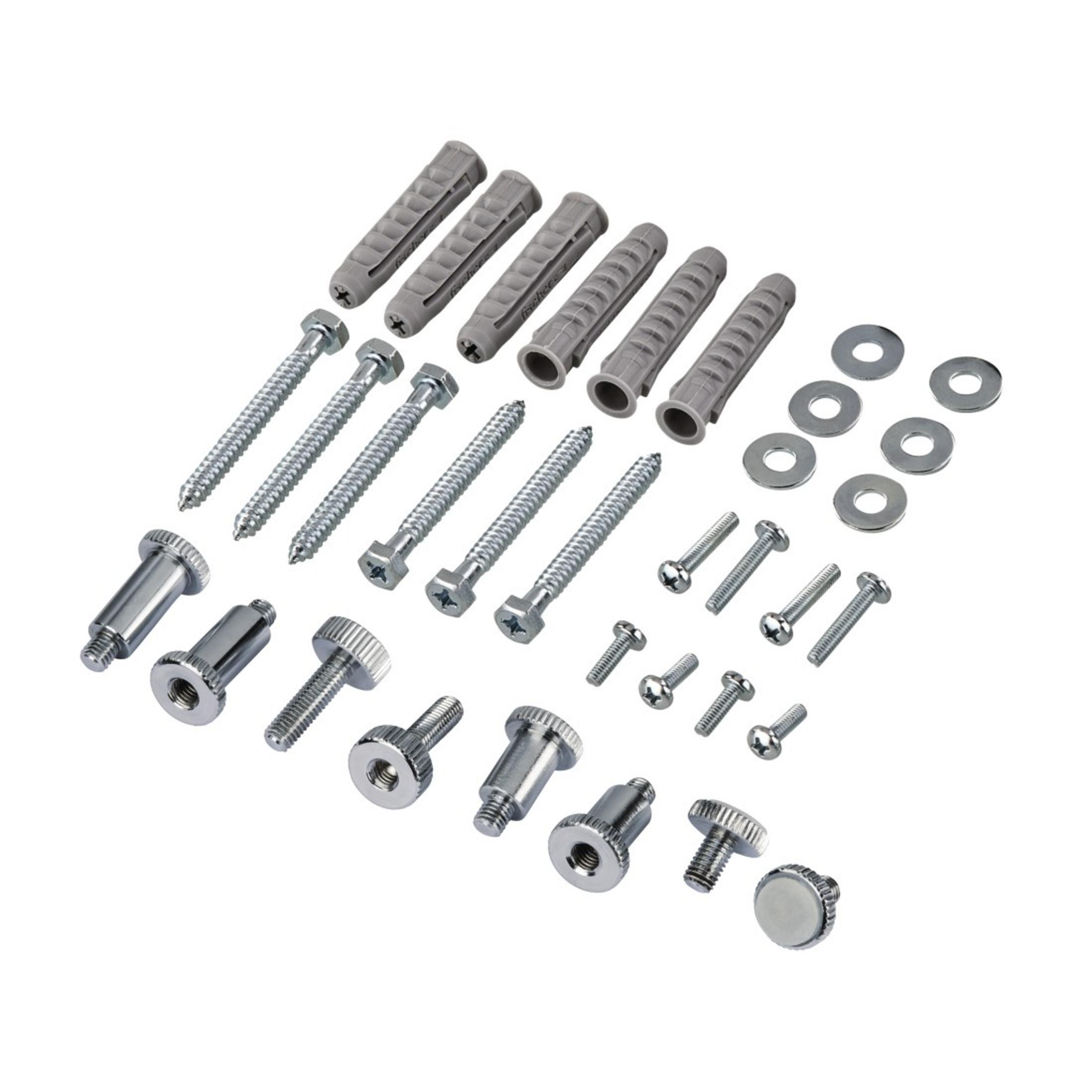 Verschiedene Hardware: Schrauben, Dübel, Unterlegscheiben und Schraubenköpfe.